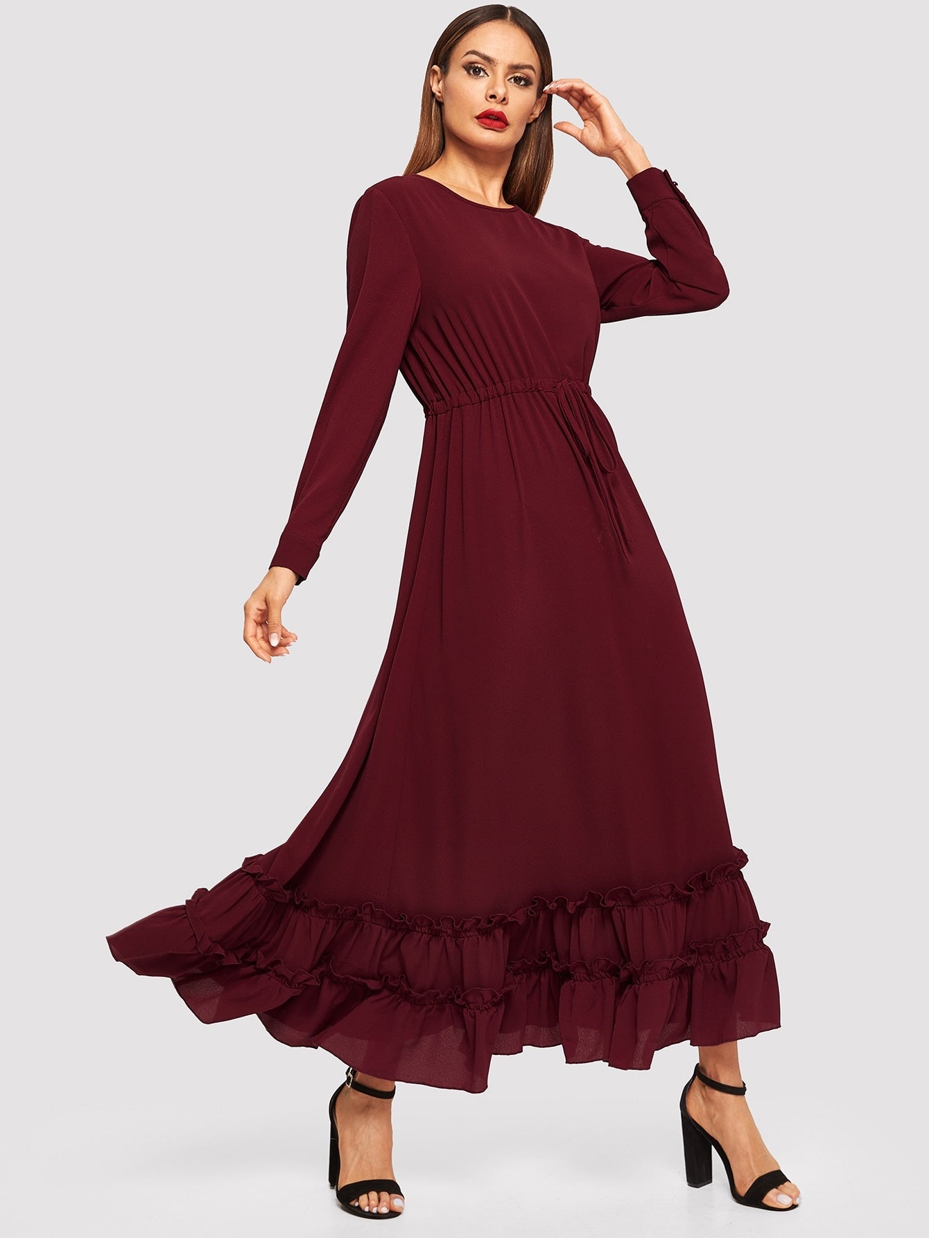 Keyhole Back Drawstring Waist Frilled Hijab Dress