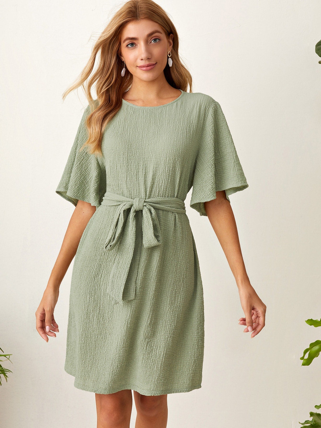 Keyhole Back Flutter Sleeve Belted Textured Dress