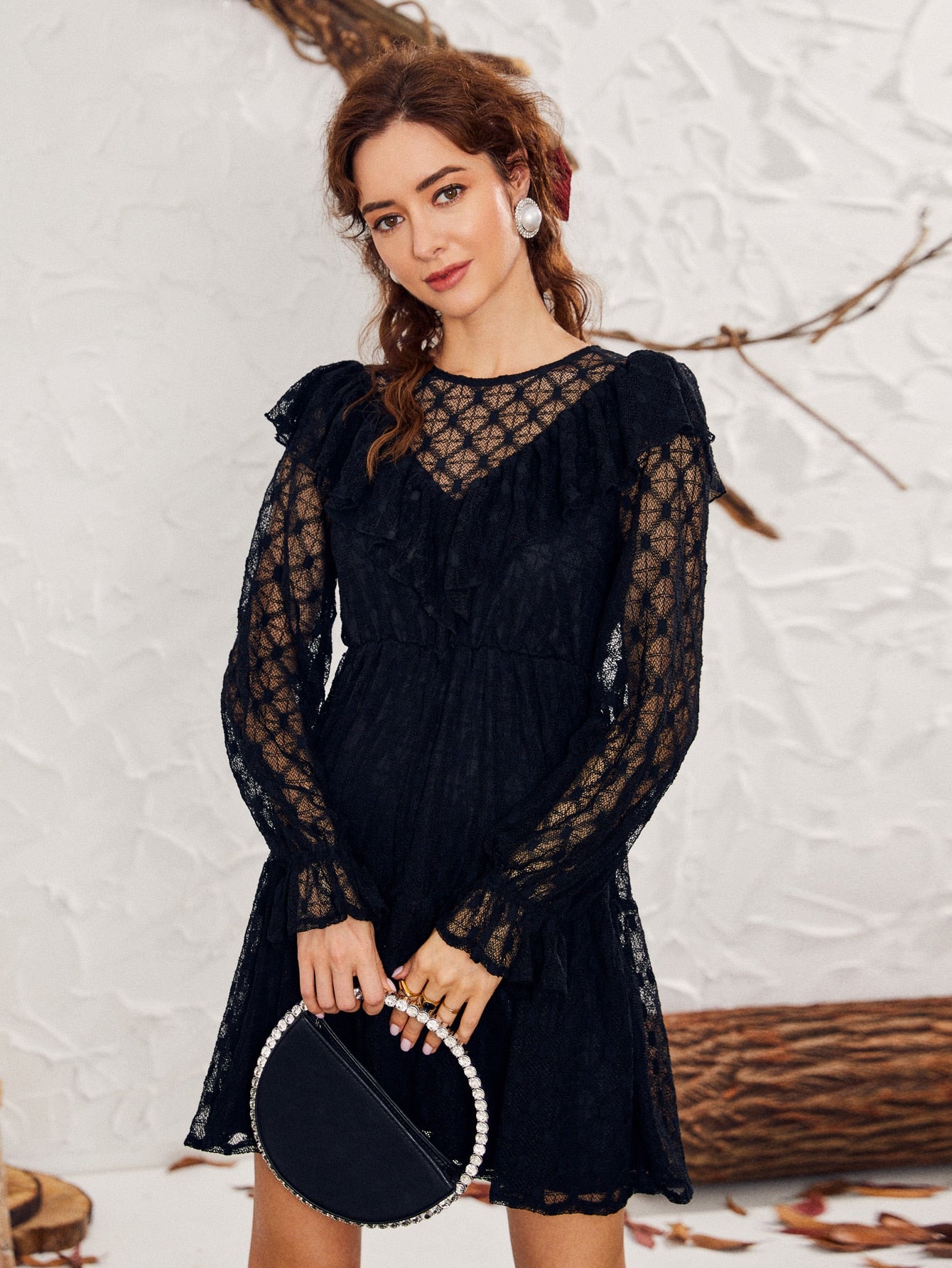 Keyhole Back Ruffle Trim Lace Dress