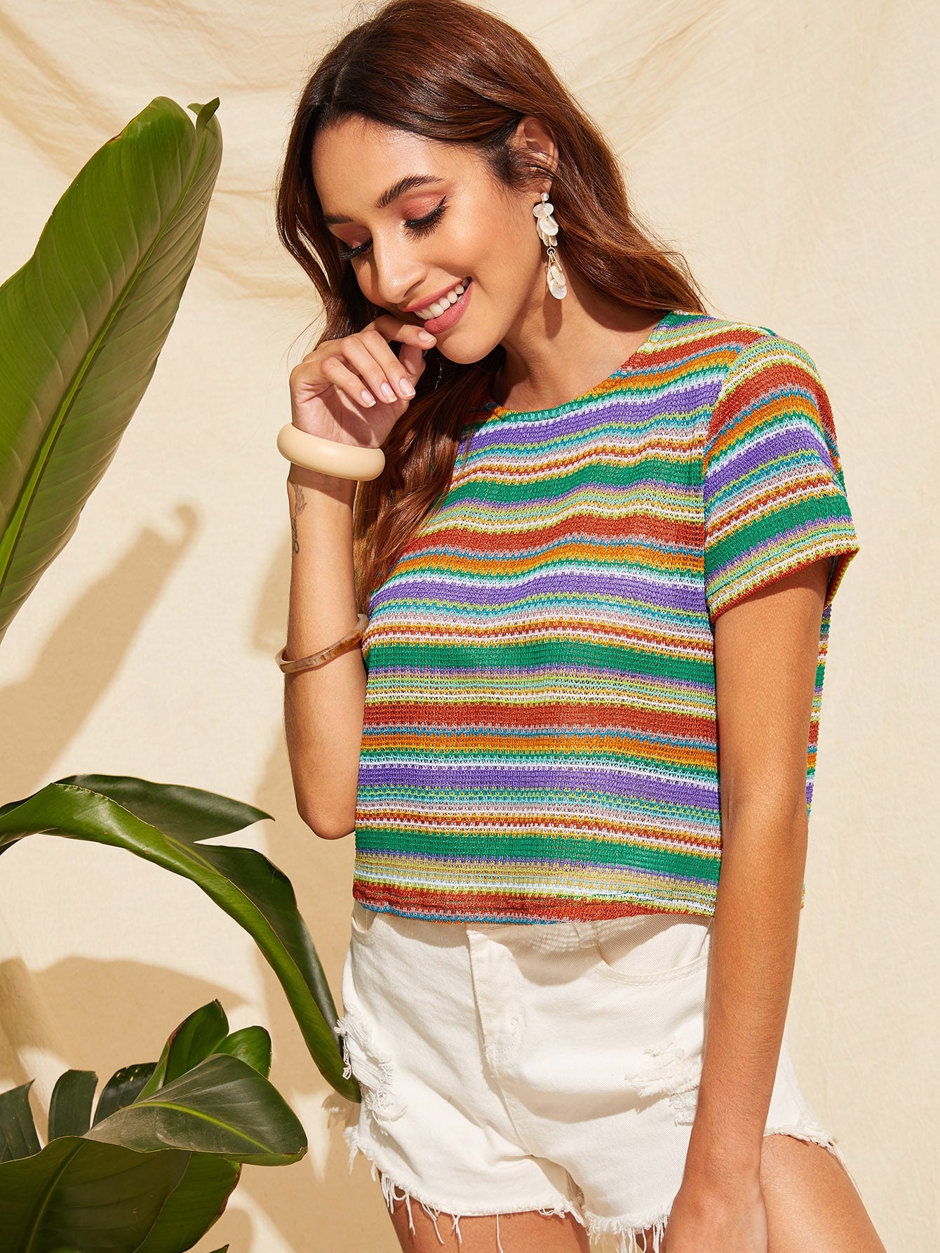 Keyhole Back Striped Knit Top