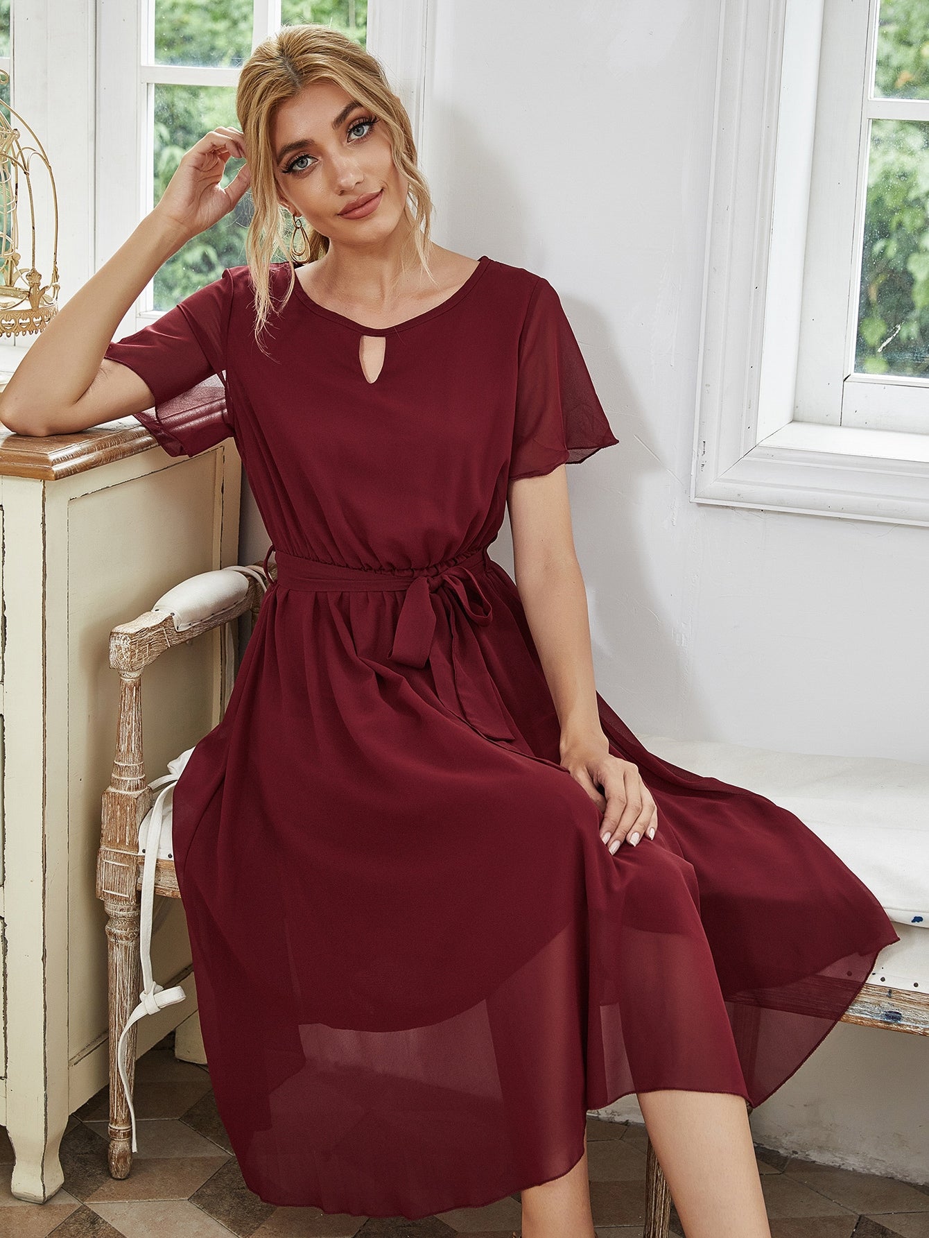 Keyhole Neck Belted Chiffon Dress