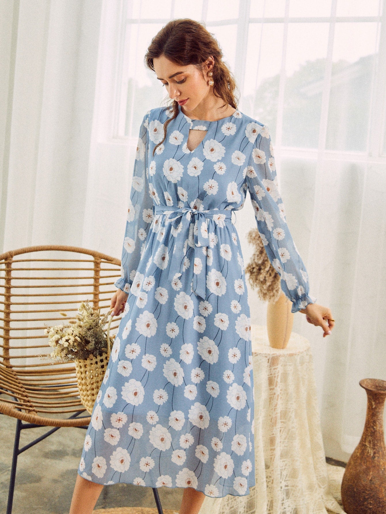 Keyhole Neck Belted Lantern Sleeve Floral Chiffon Dress