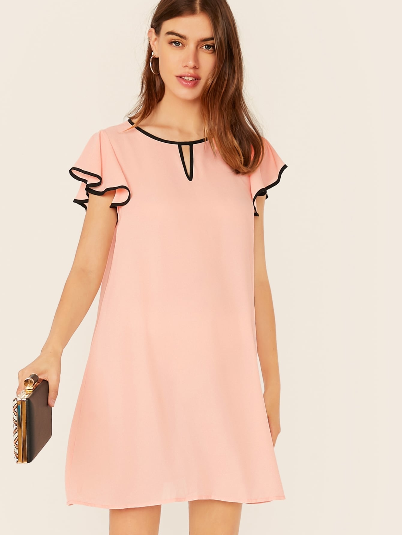 Keyhole Neck Contrast Binding Tunic Dress