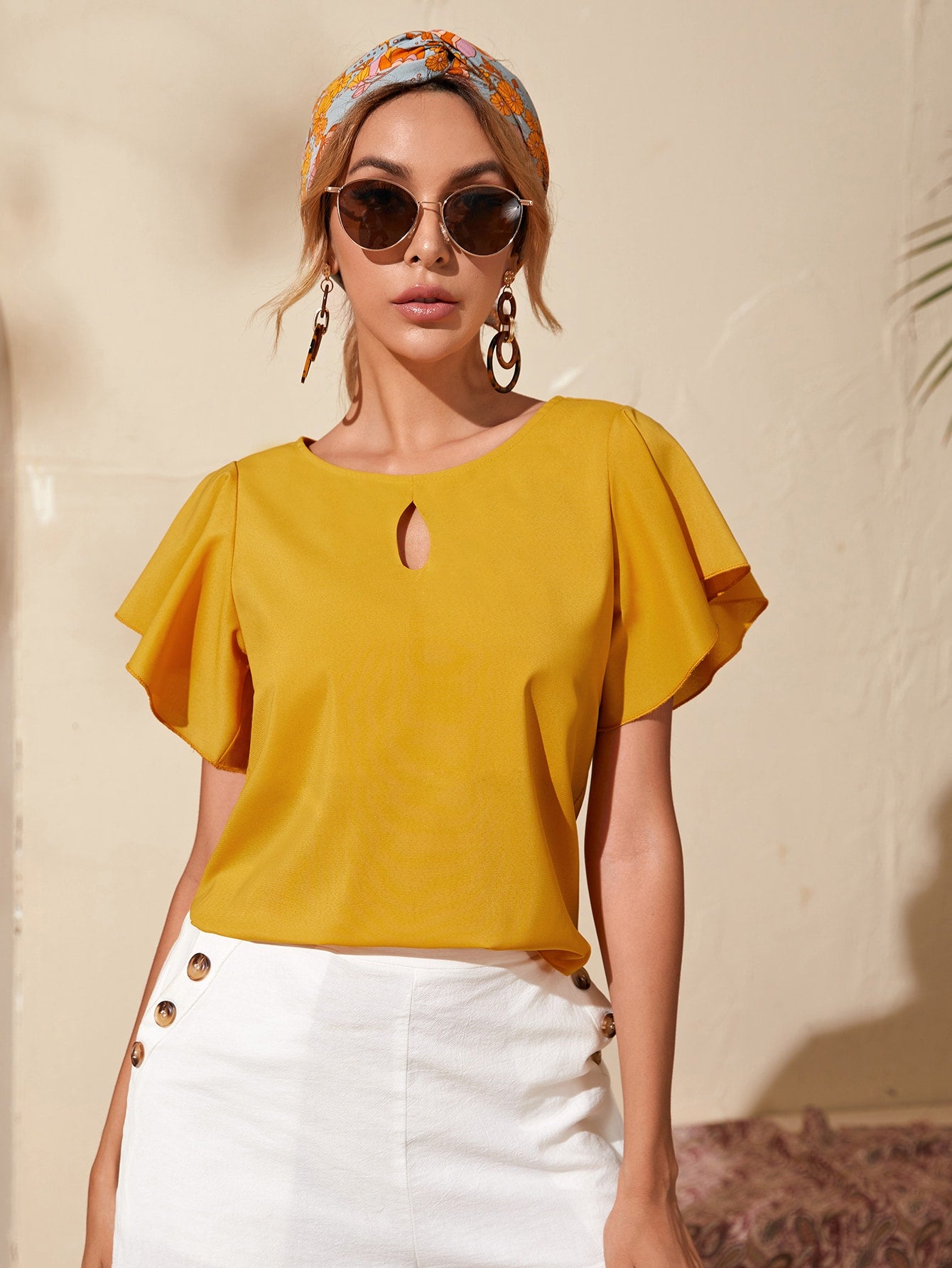 Keyhole Neckline Butterfly Sleeve Blouse