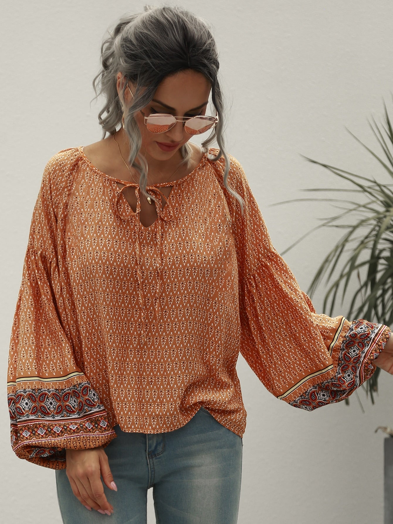 Keyhole Tie Neck Lantern Sleeve Blouse