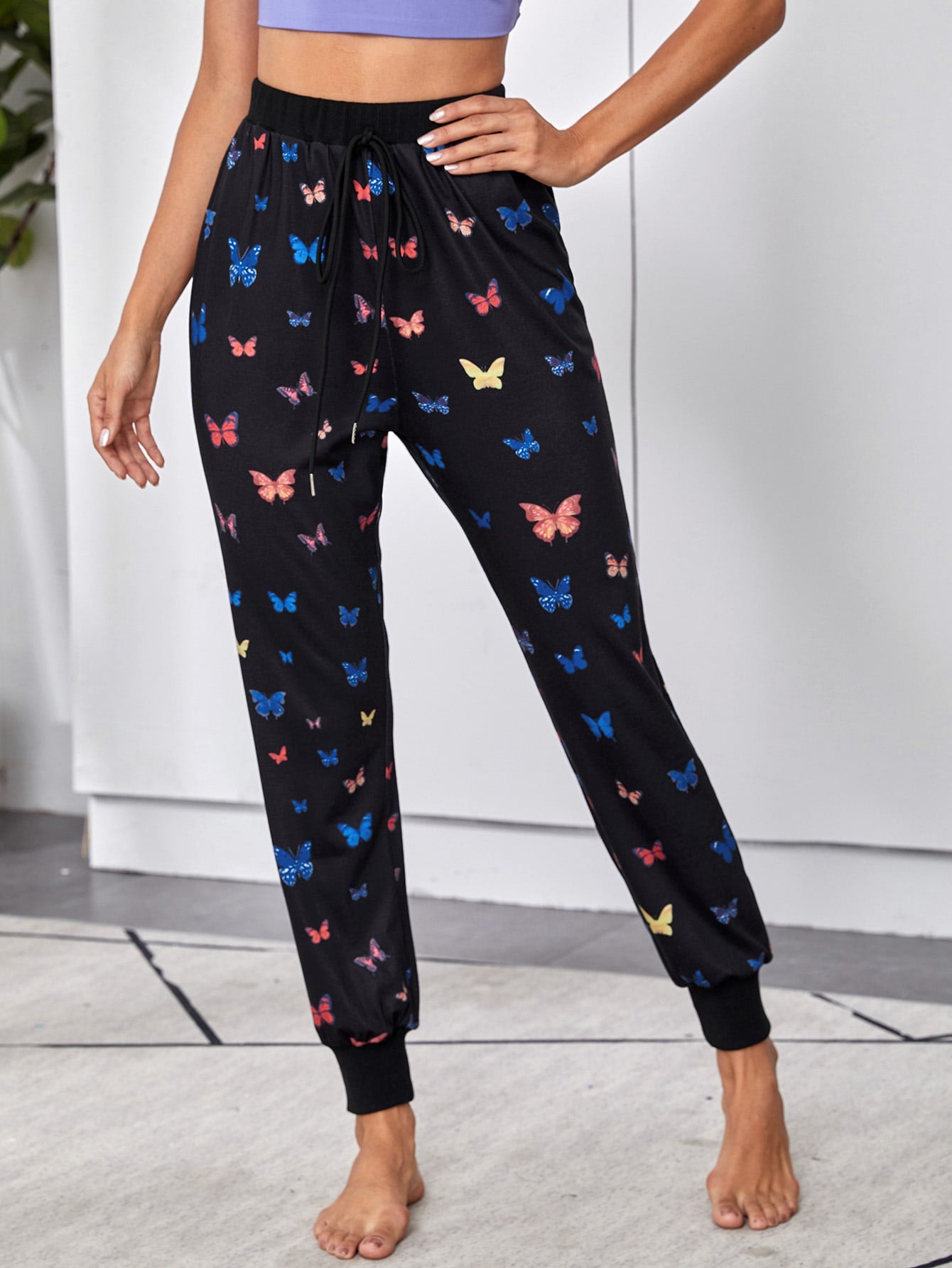 Knot Front Butterfly Print Sweatpants