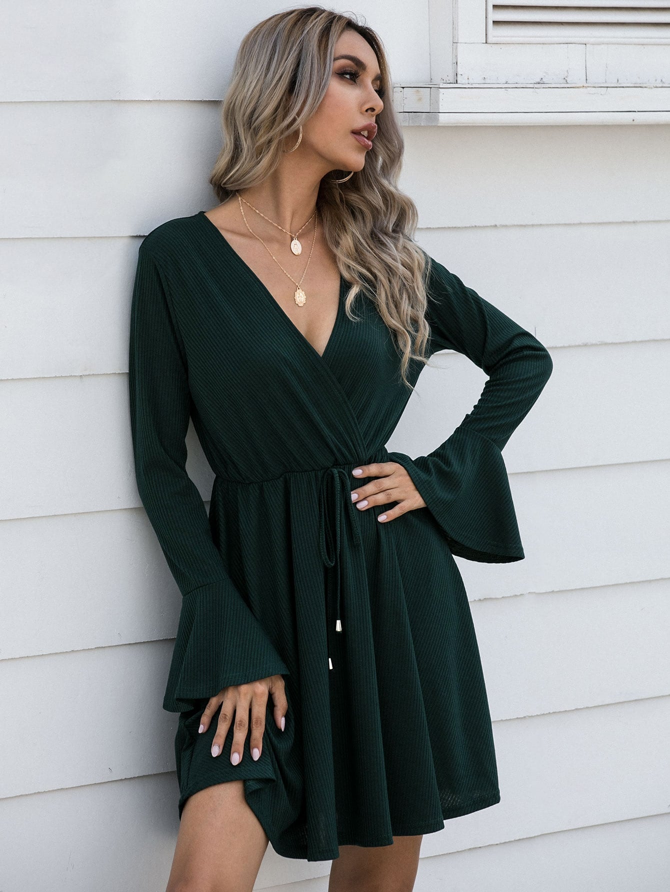 Knot Front Flounce Sleeve Surplice Dress