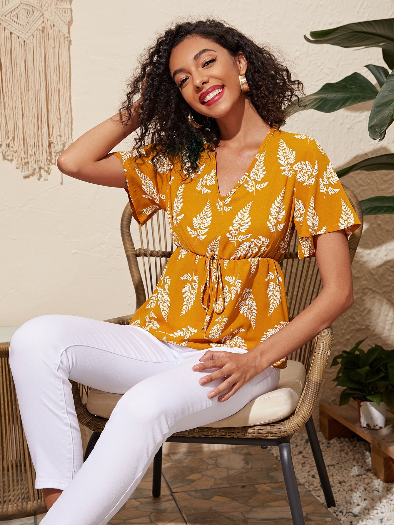 Knot Front Plants Print Blouse