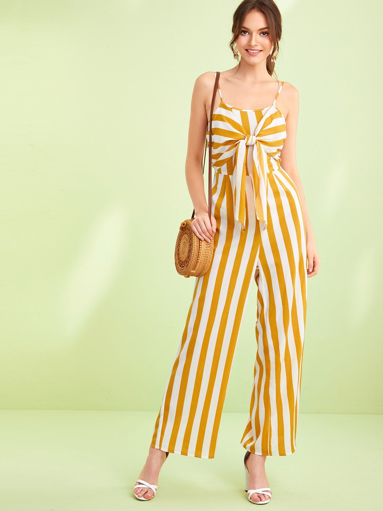 Knot Front Shirred Back Striped Jumpsuit