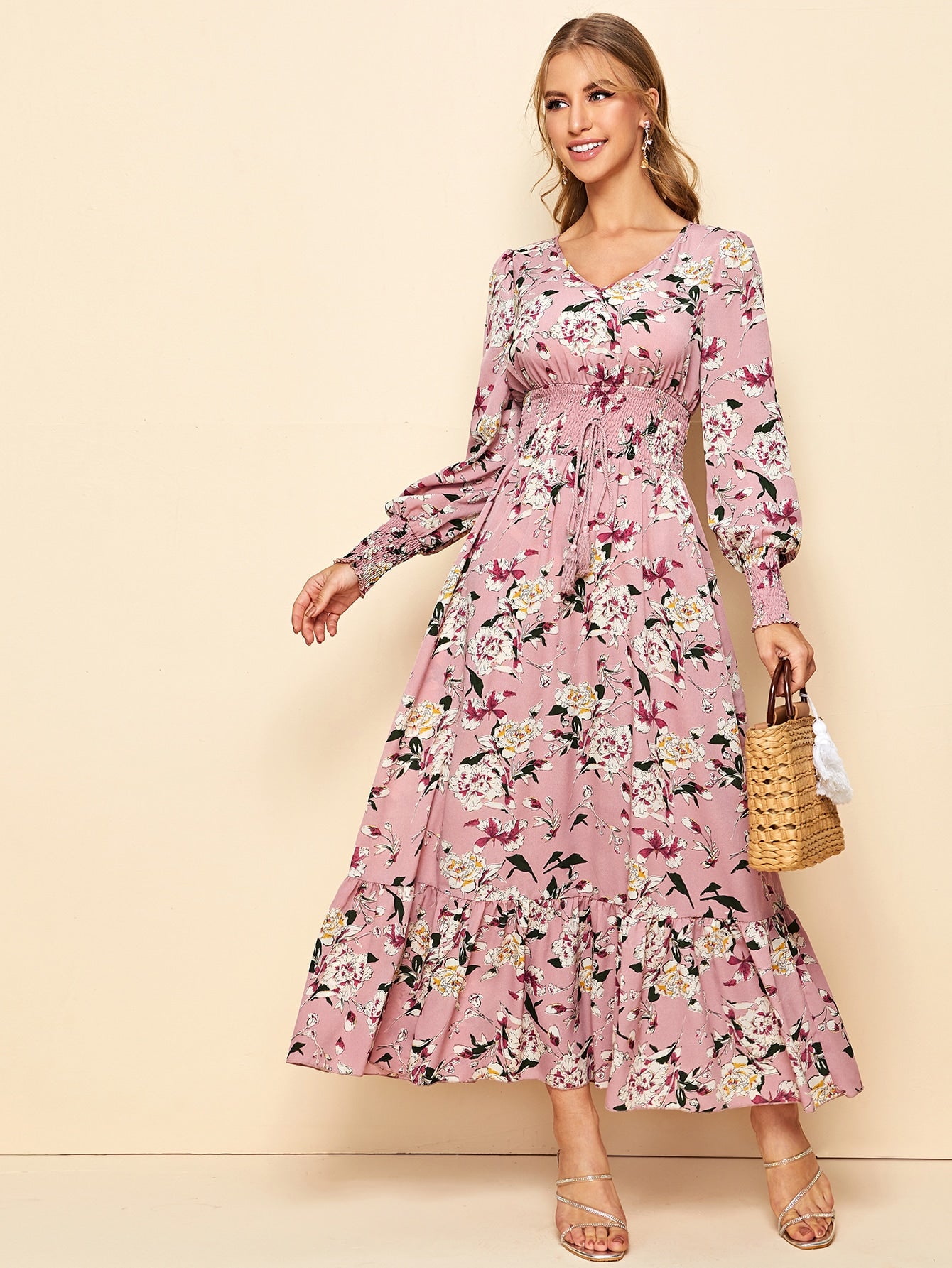 Knot Shirred Waist Flounce Hem Floral Dress