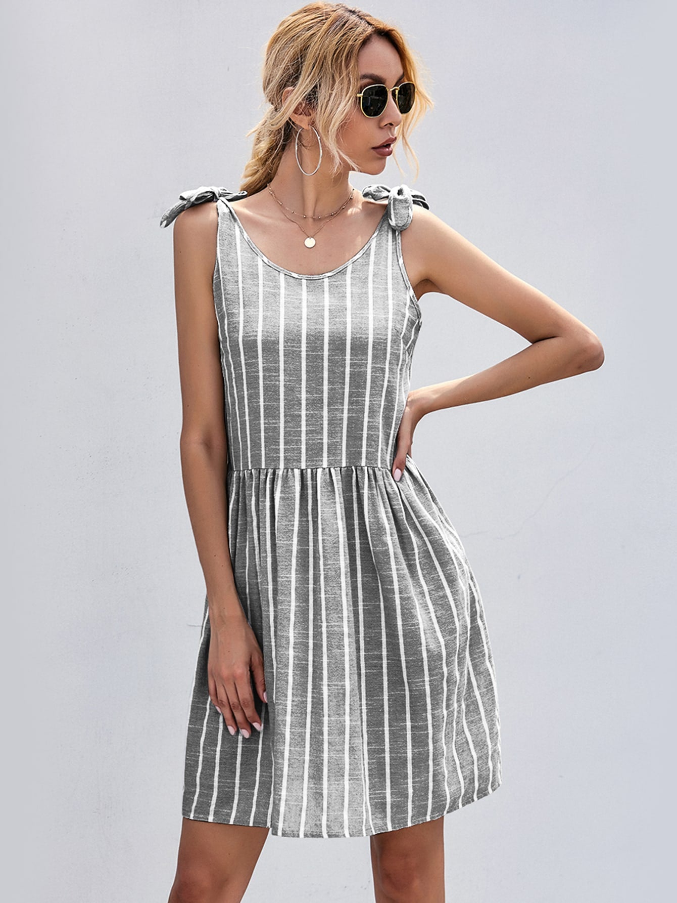 Knot Shoulder Stripe Smock Dress