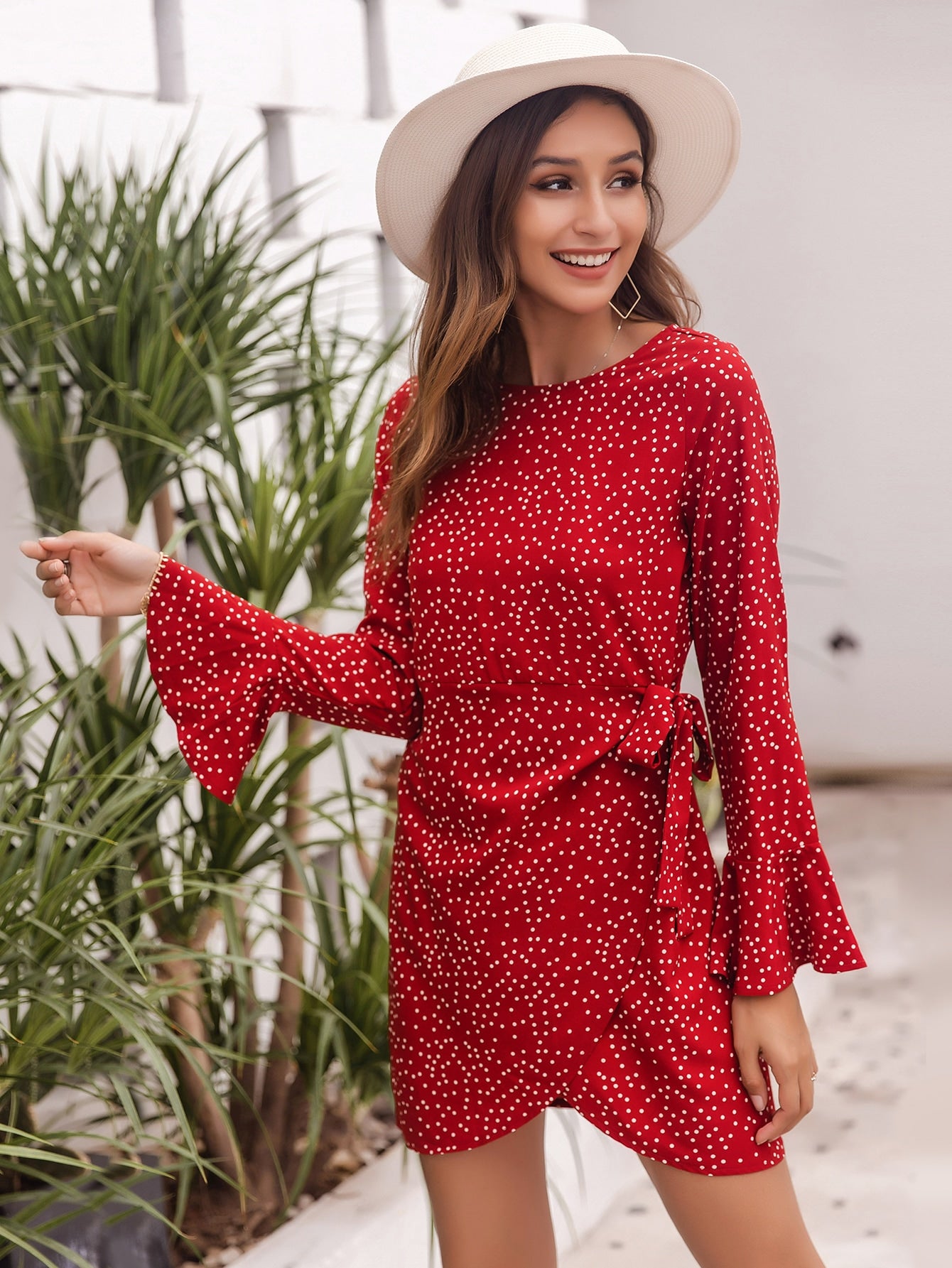 Knot Side Wrap Hem Polka Dot Dress