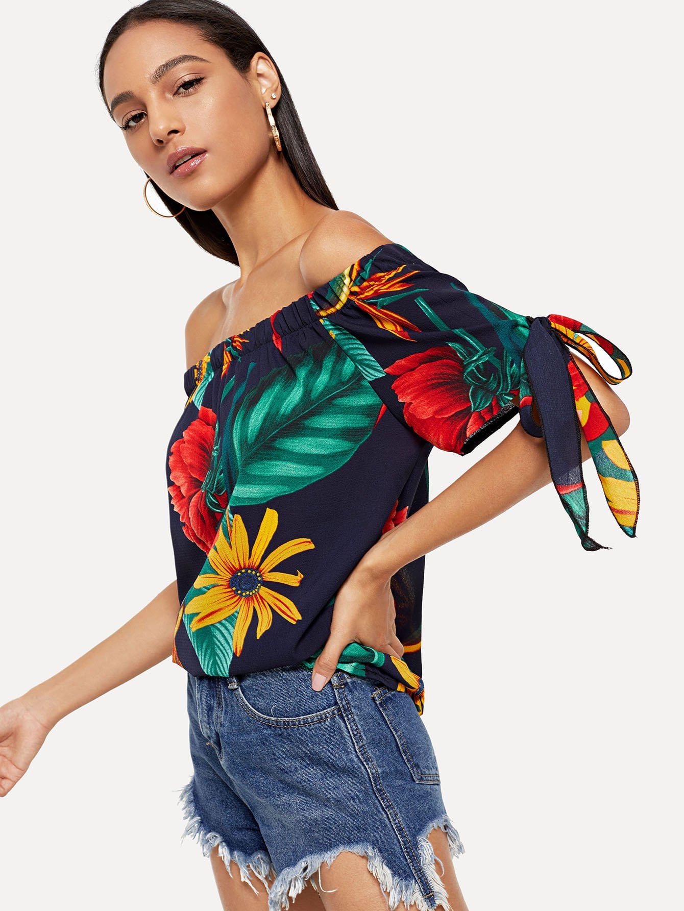 Knot Sleeve Bardot Tropical Blouse