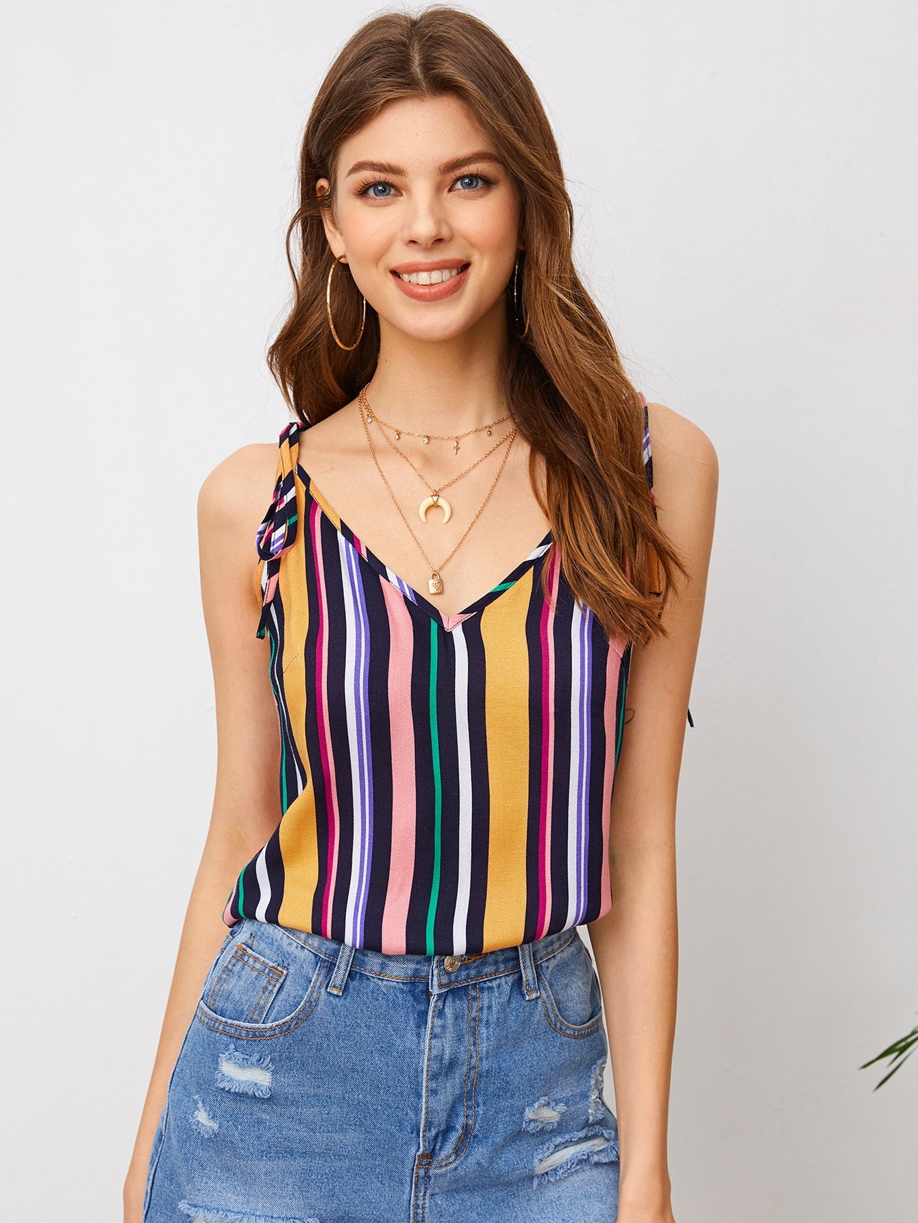 Knot Strap Colorful Striped Cami Top