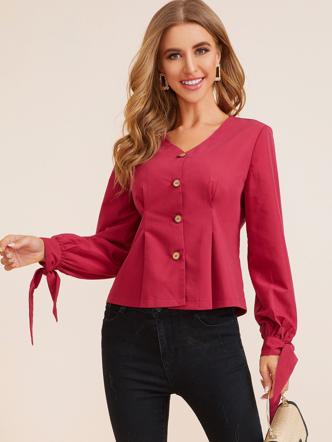 Knotted Cuff Button Front Blouse