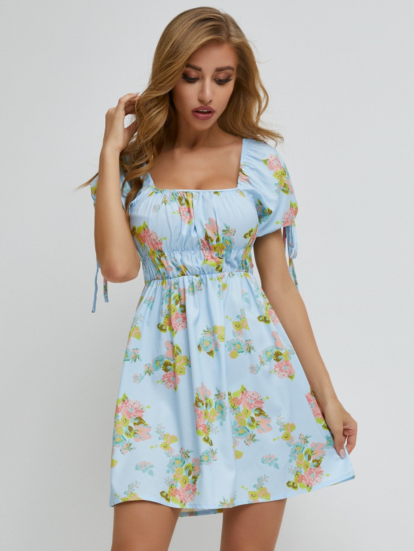 Knotted Puff Sleeve Floral Print Dress