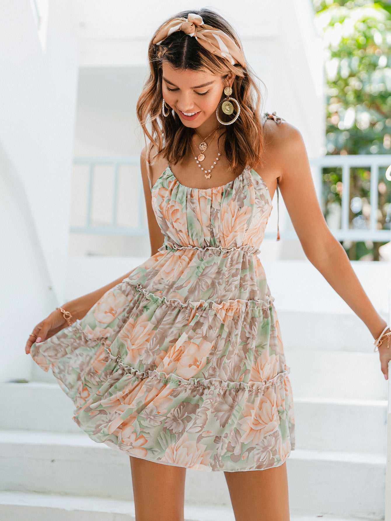 Knotted Shoulder Floral Layered Cami Dress