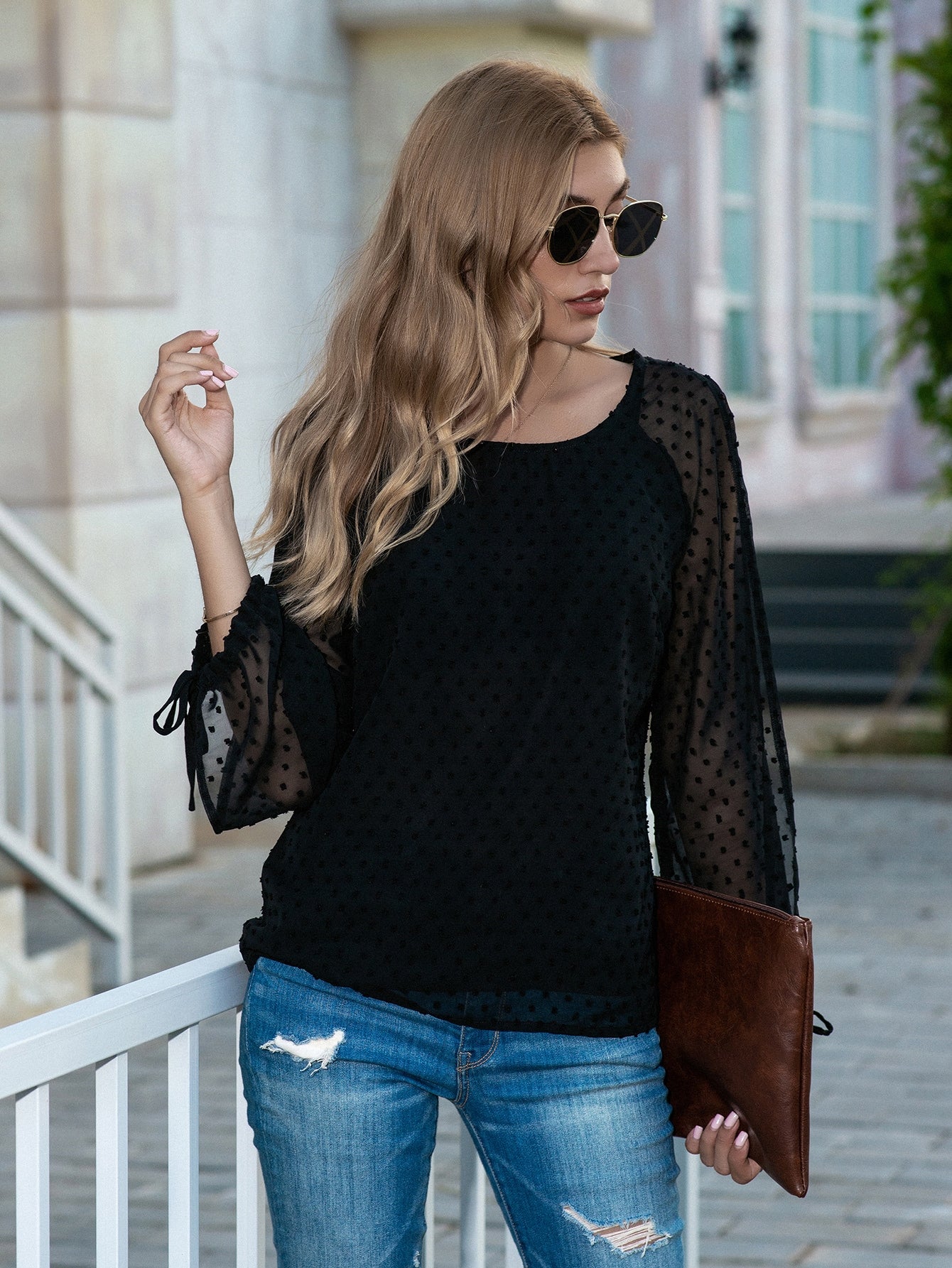 Knotted Split Sleeve Swiss Dot Top