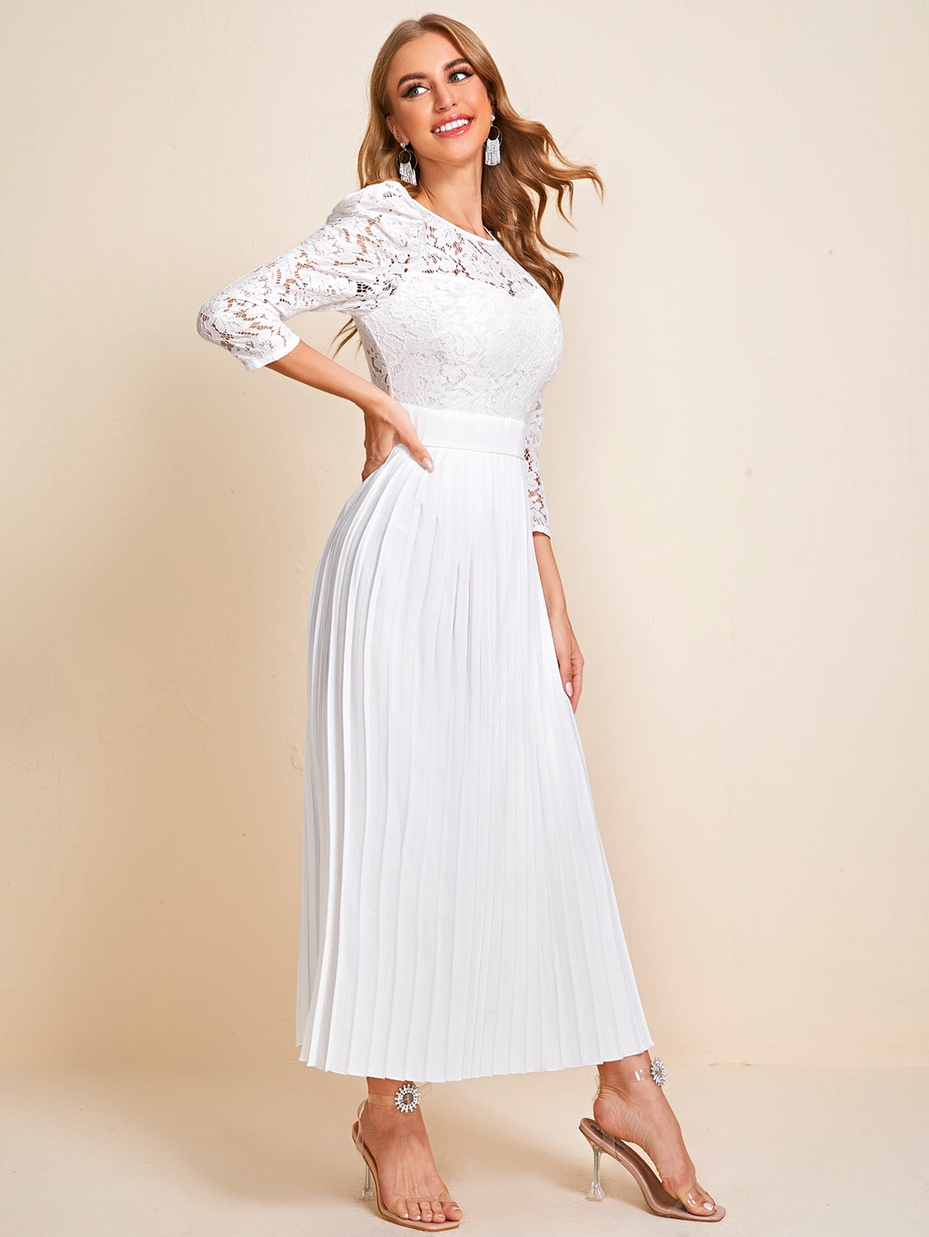 Lace Bodice Pleated Hem Dress