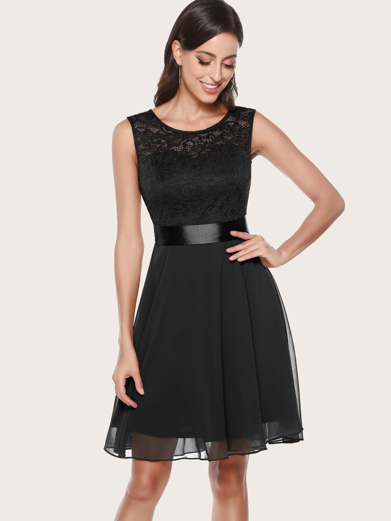 Lace Bodice Ribbon Tie Back Dress