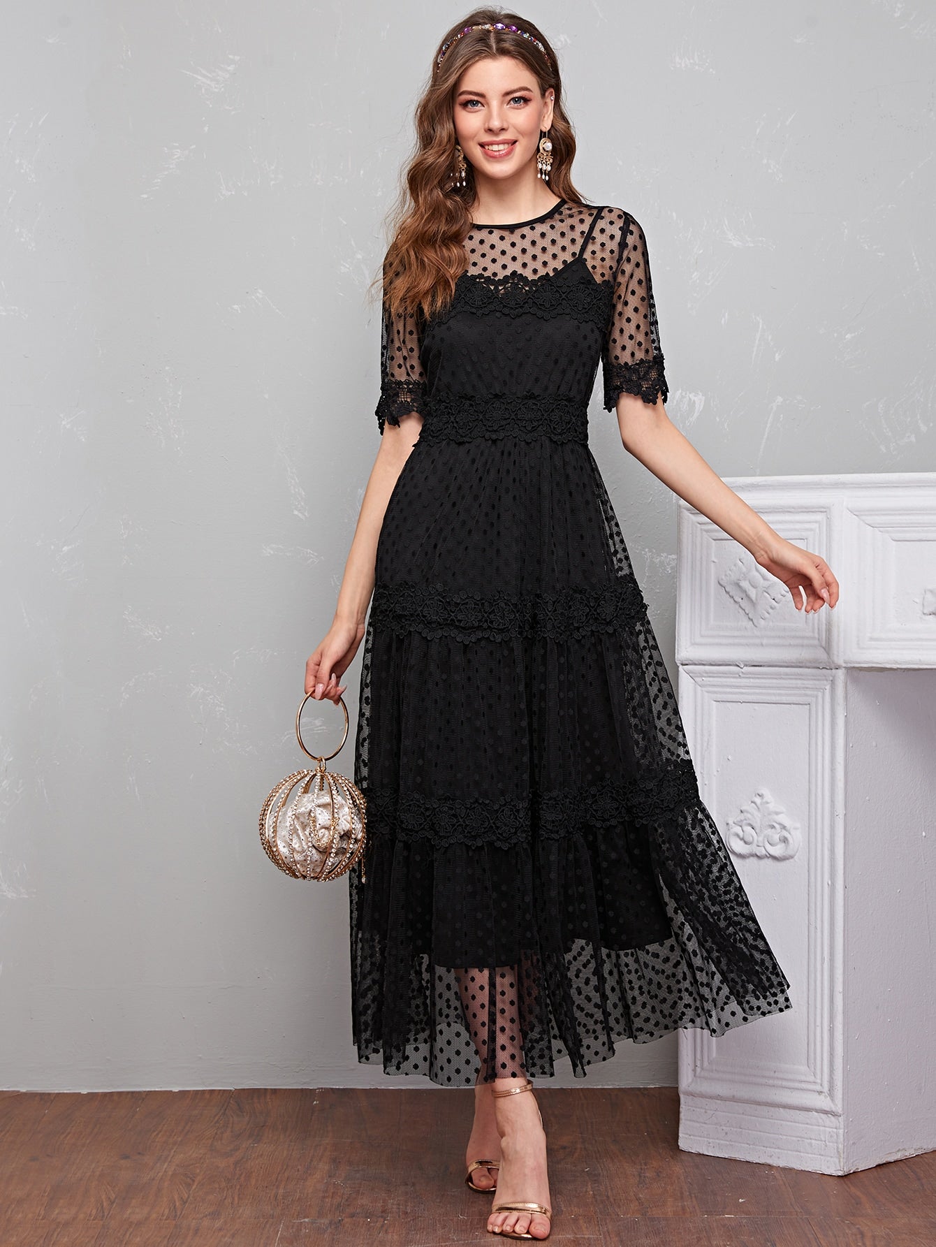 Lace Detail Dot Mesh 2 In 1 Dress