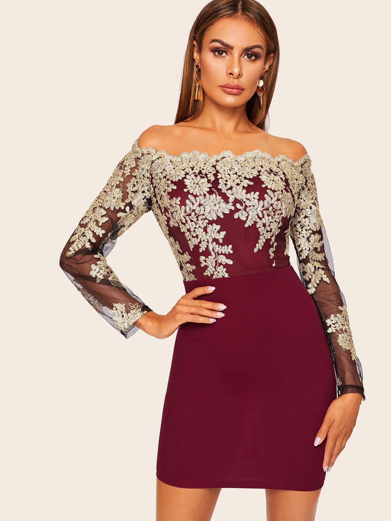 Lace Embroidered Scallop Trim Bardot Dress