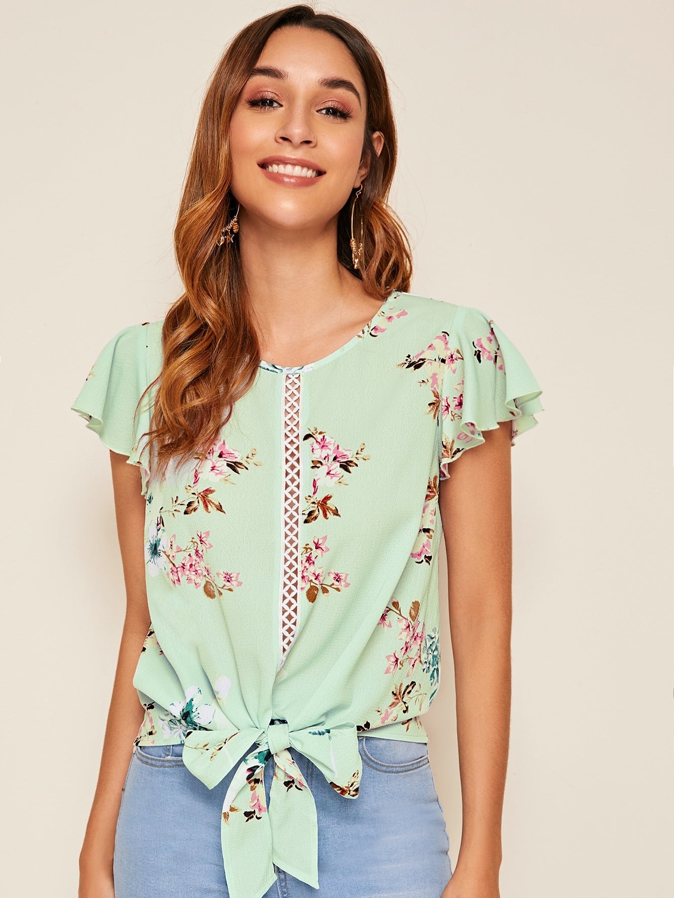 Lace Insert Tie Front Floral Top