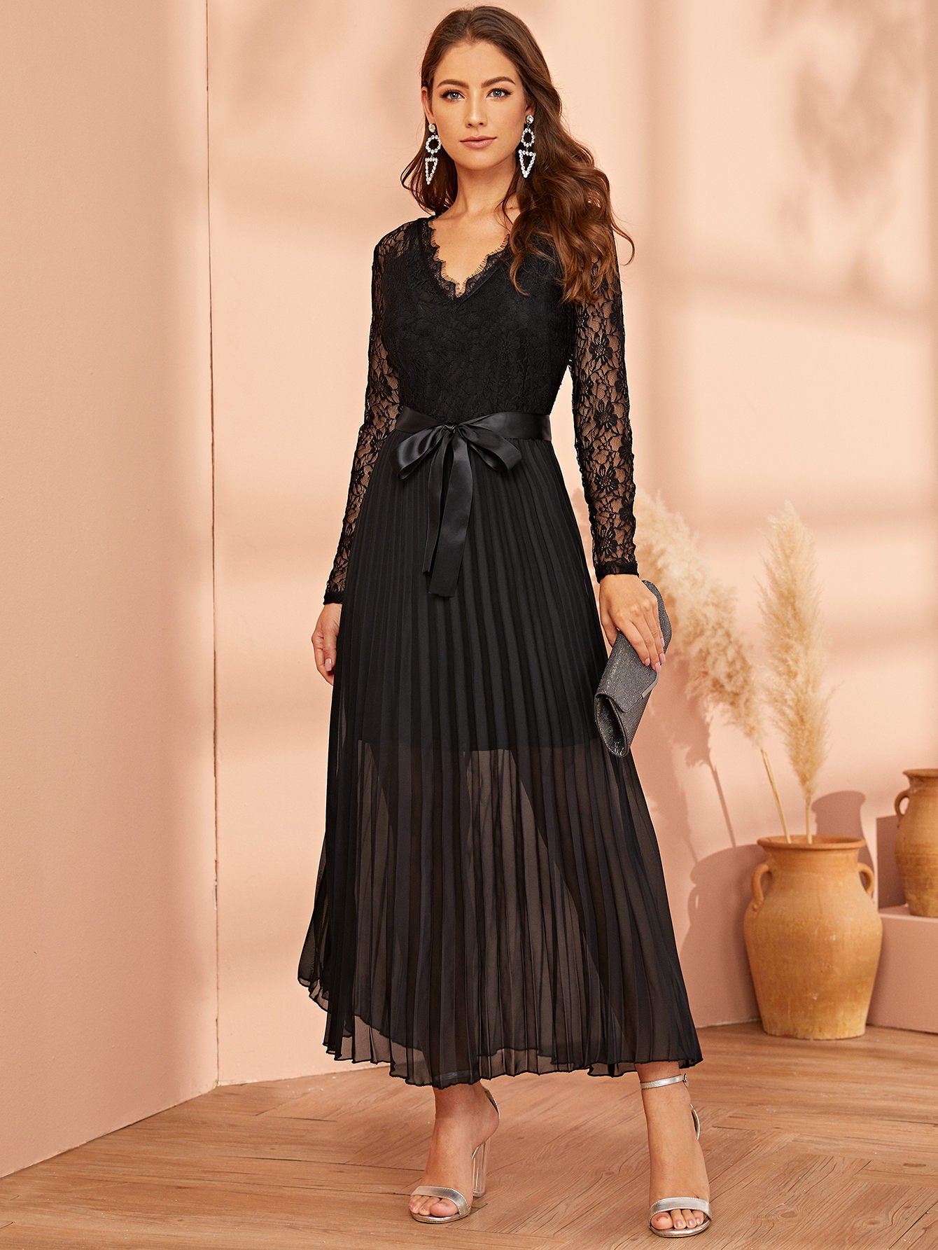 Lace Panel Plisse Hem Belted Dress