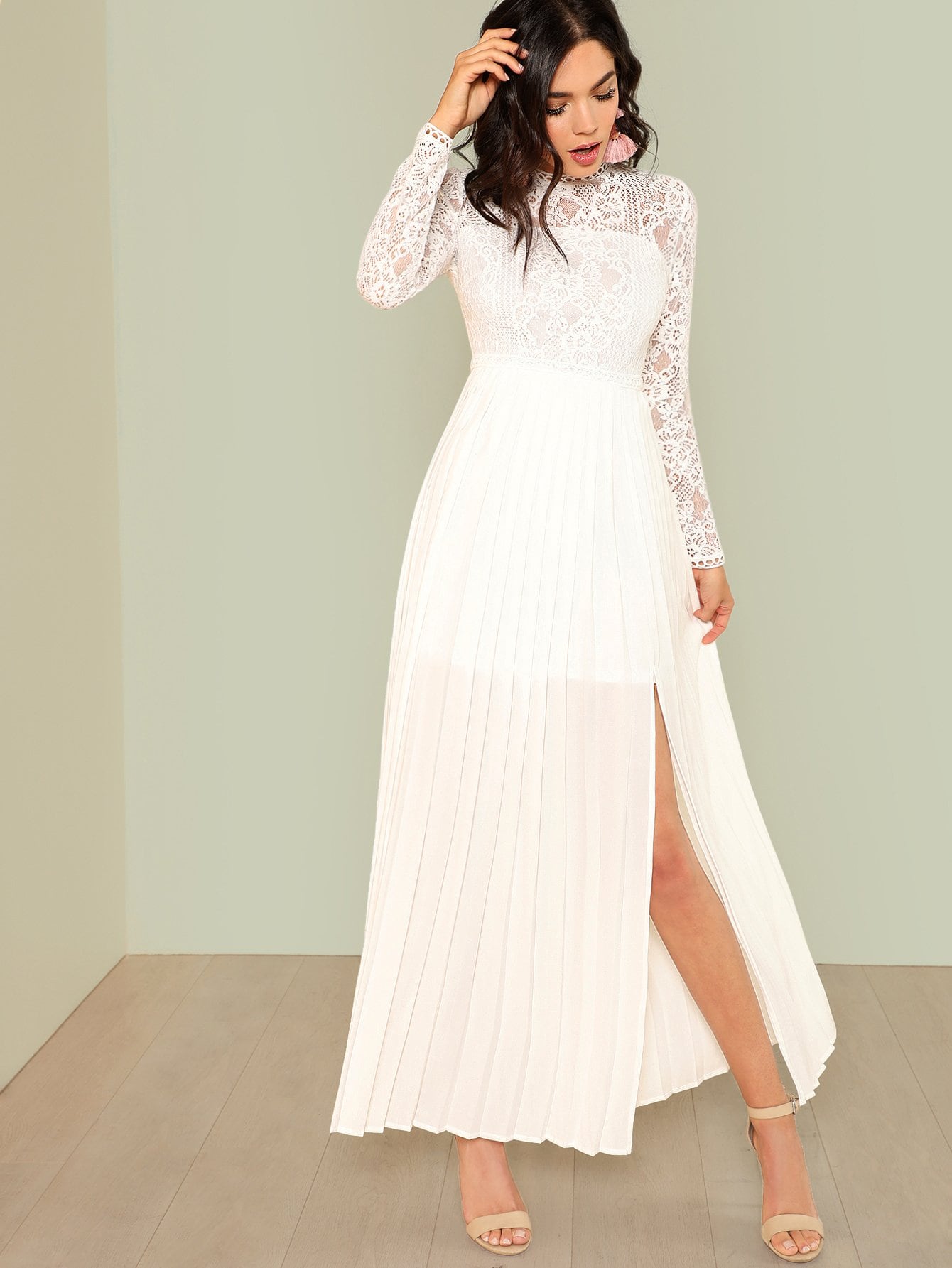 Lace Top Split Side Pleated Prom Dress