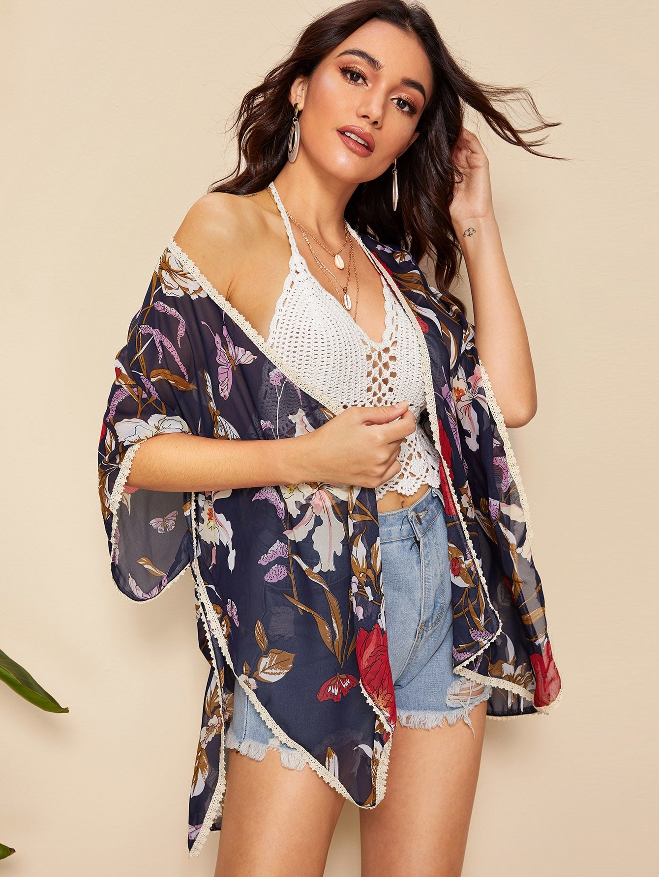 Lace Trim Asymmetrical Hem Sheer Floral Kimono