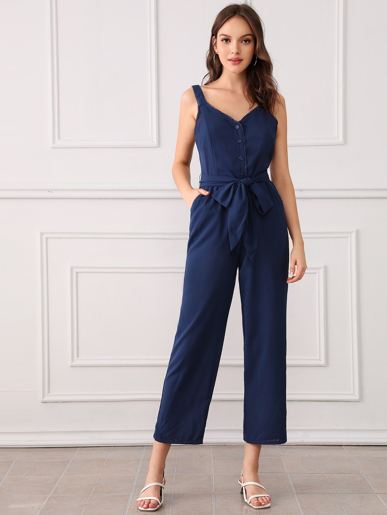 Lace Trim Button Front Belted Palazzo Jumpsuit