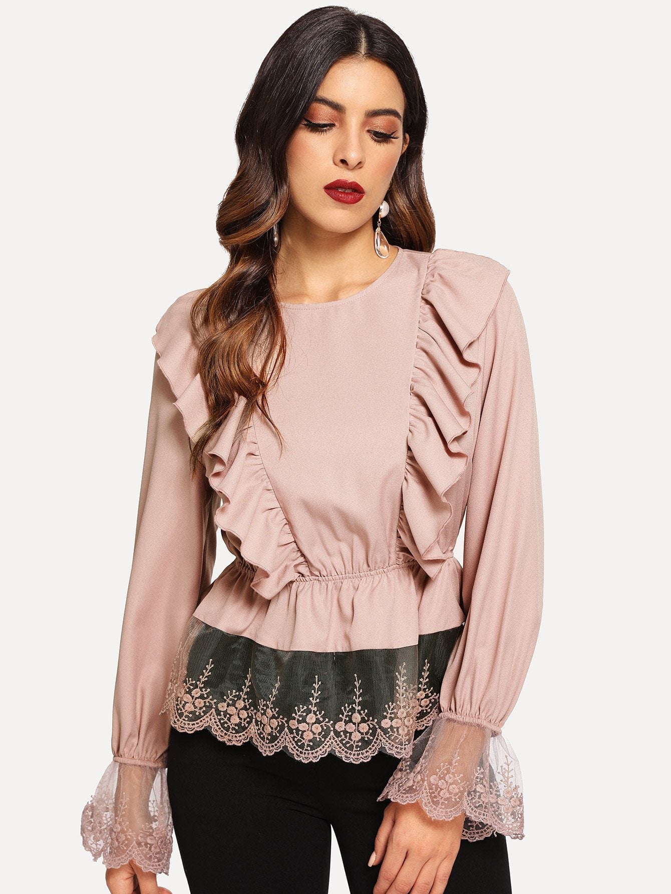 Lace Trim Ruffle Peplum Top