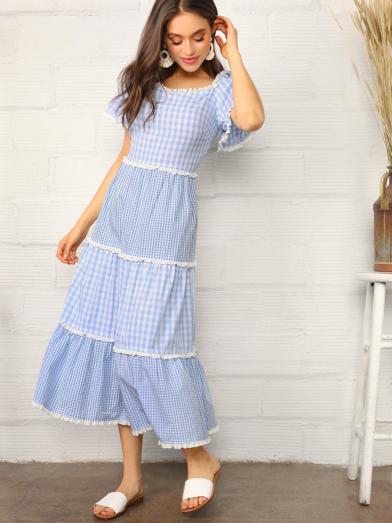 Lace Trim Tiered Mixed Gingham Dress