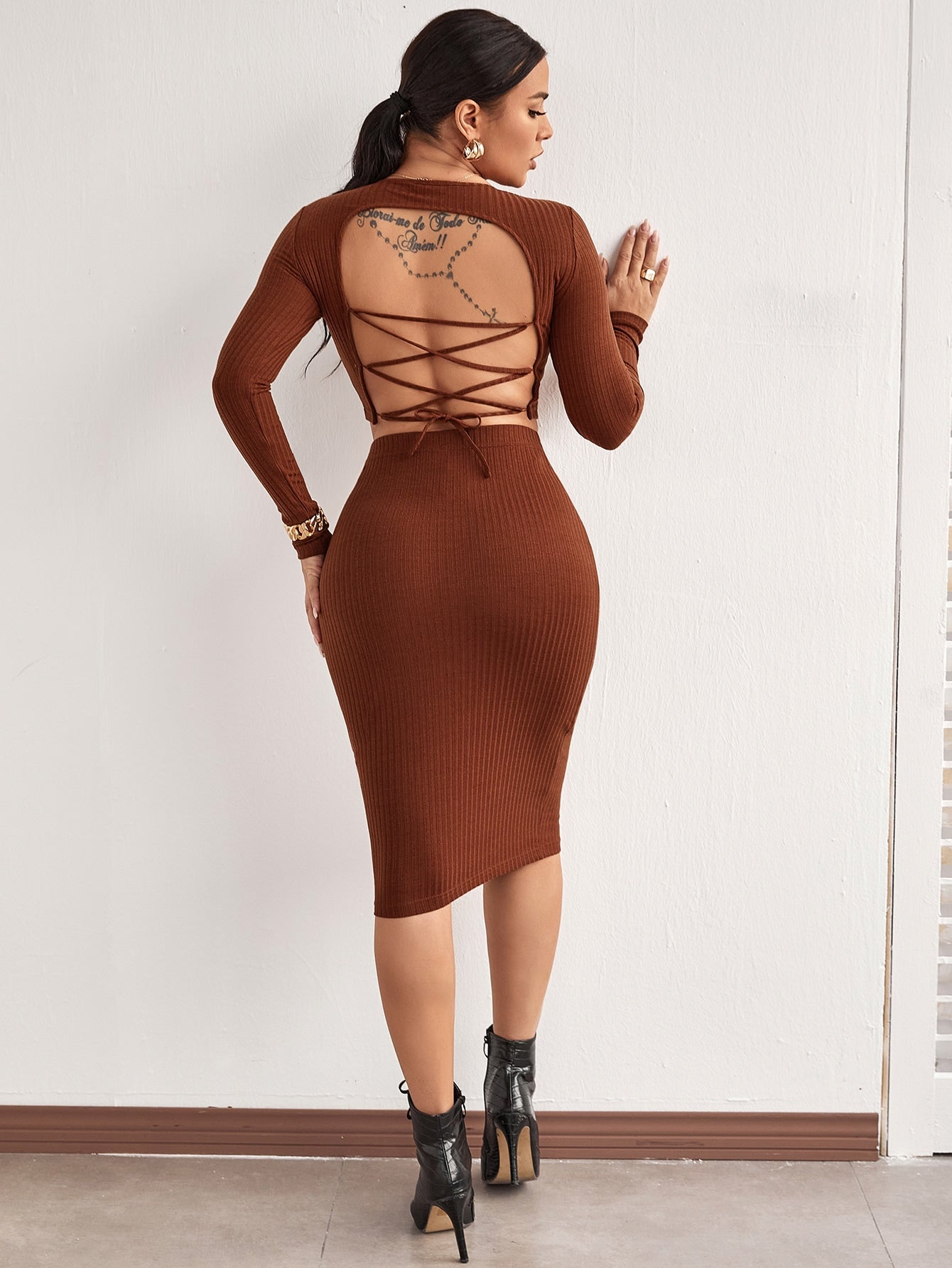 Lace Up Backless Rib-knit Top & Pencil Skirt Set