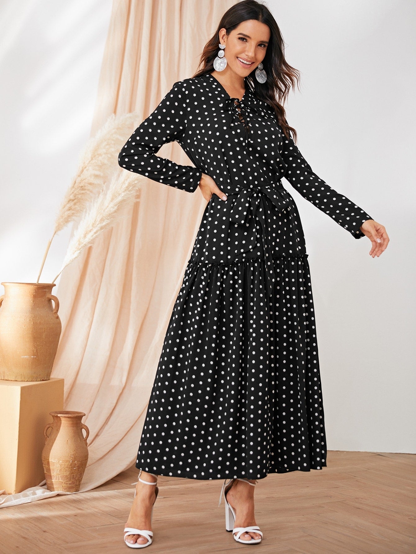 Lace Up Front Polka Dot Belted Dress