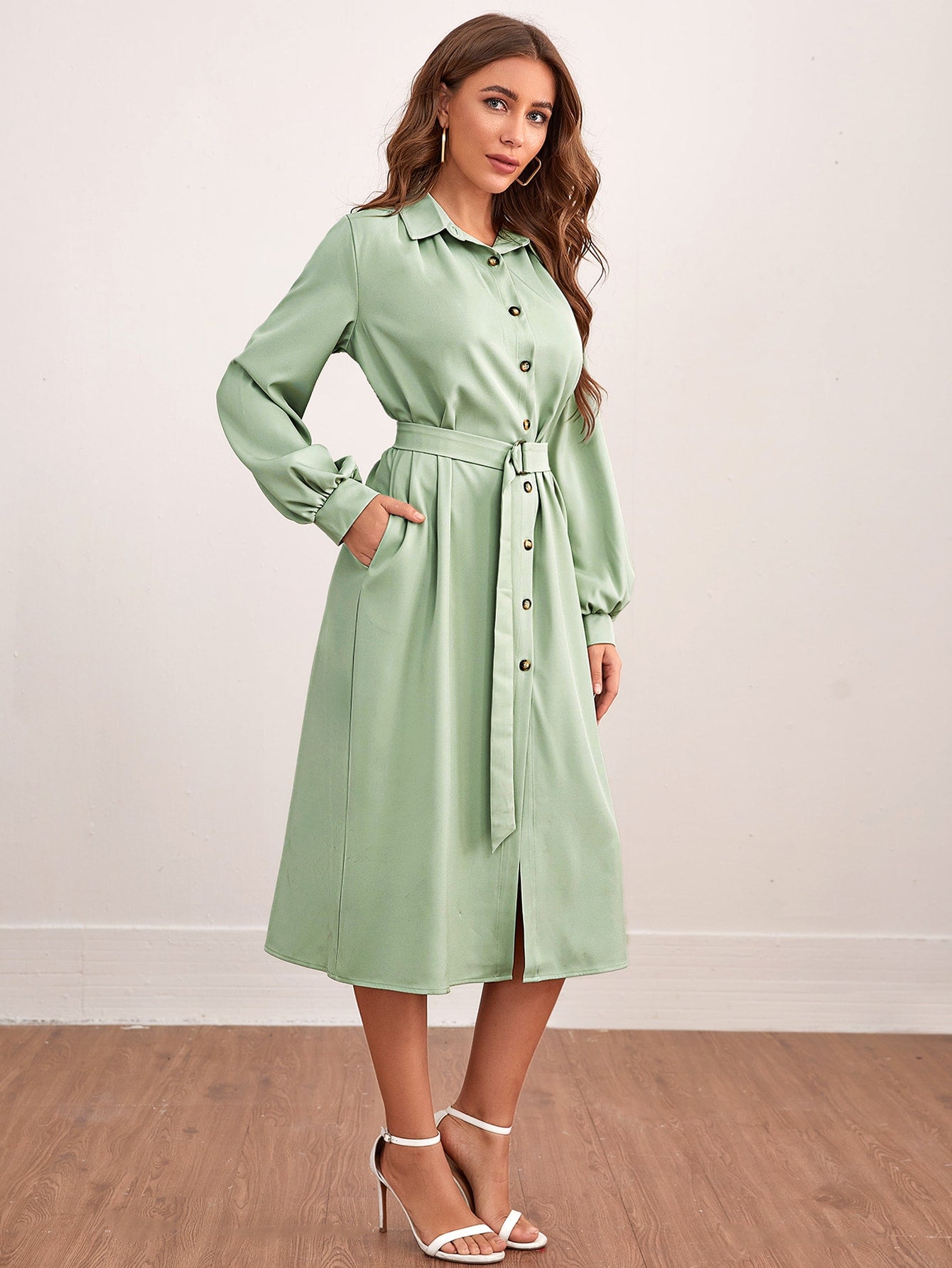 Lantern Sleeve Belted Shirt Dress