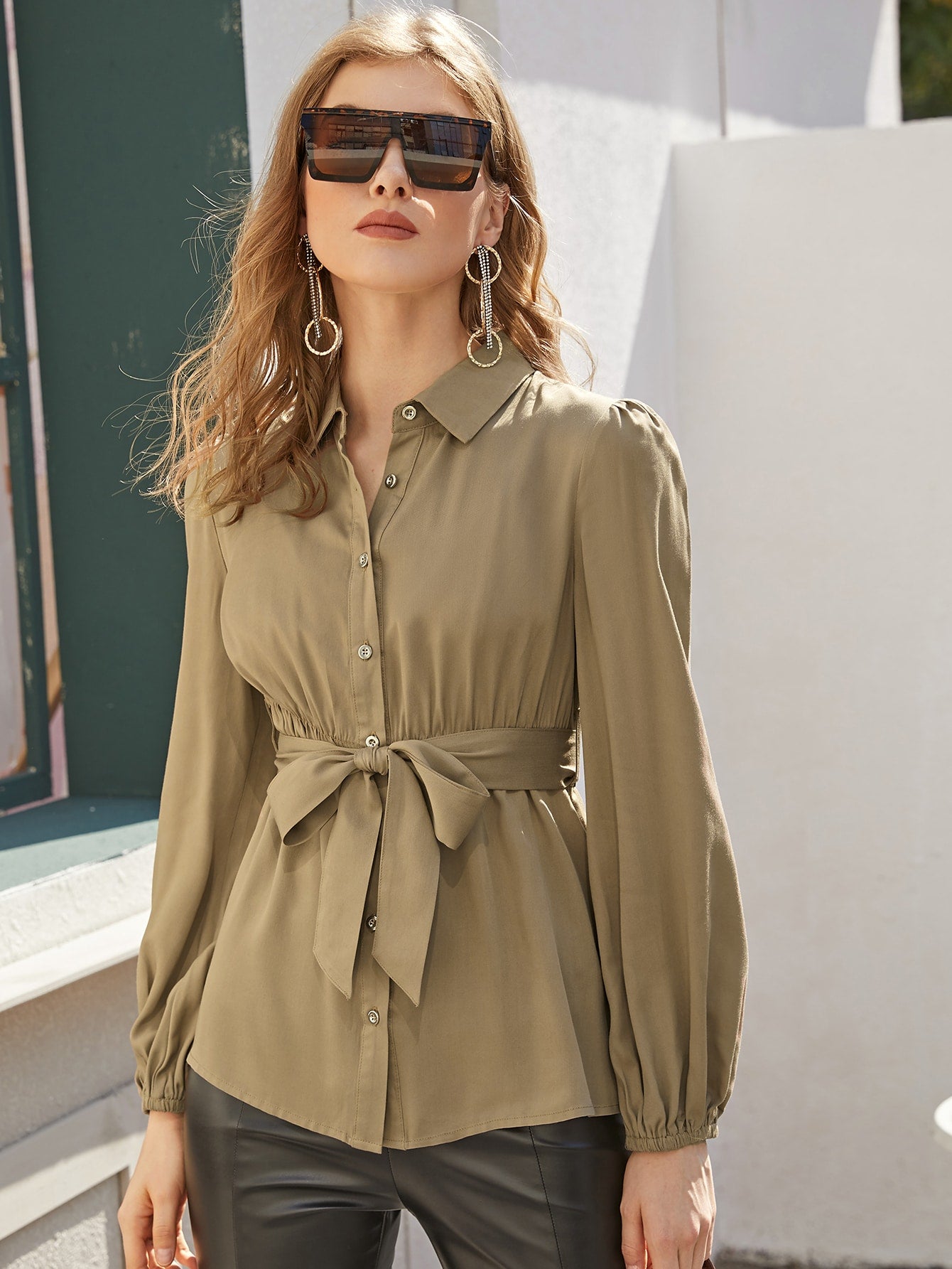 Lantern Sleeve Belted Solid Blouse