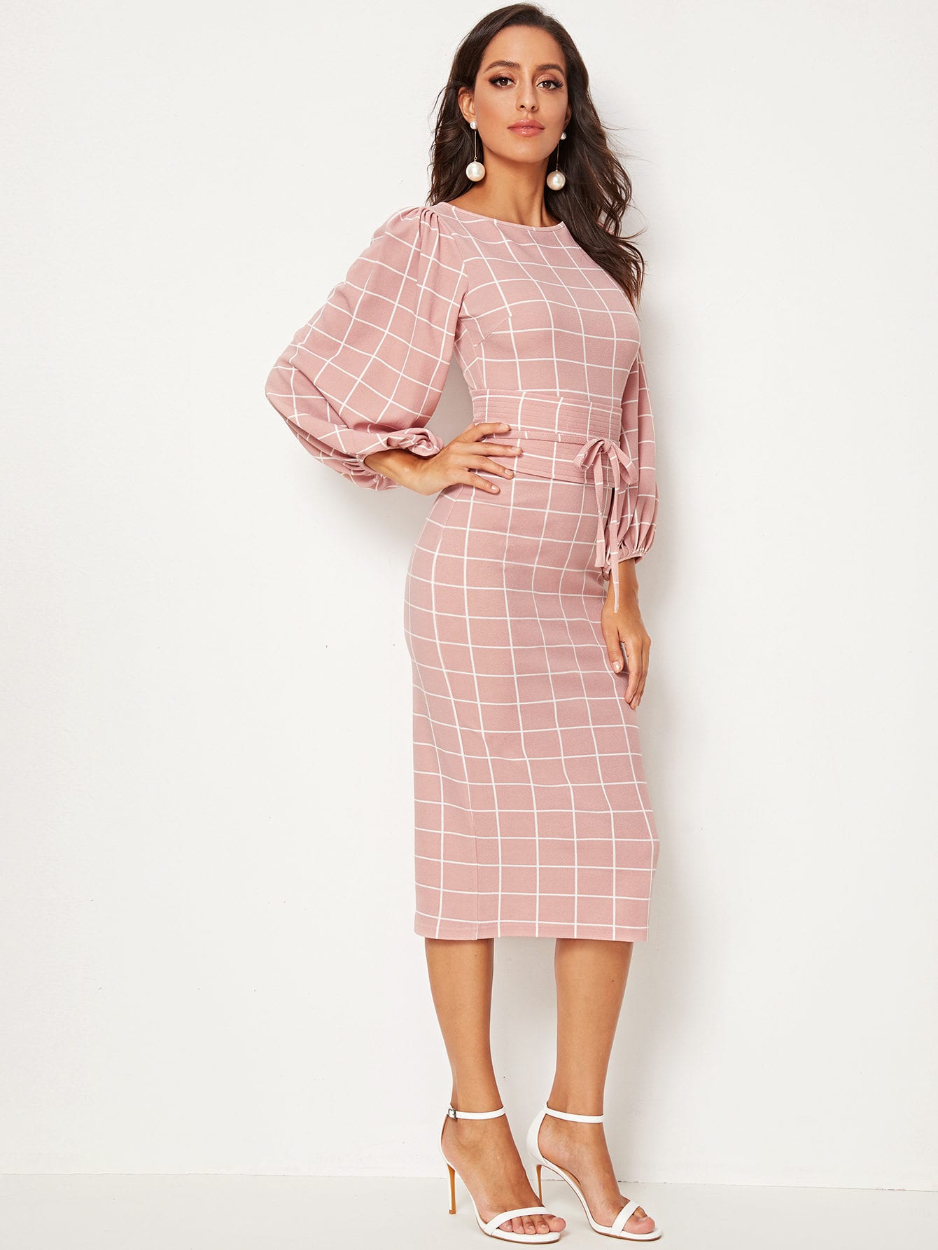 Lantern Sleeve Corset Waist Grid Pencil Dress