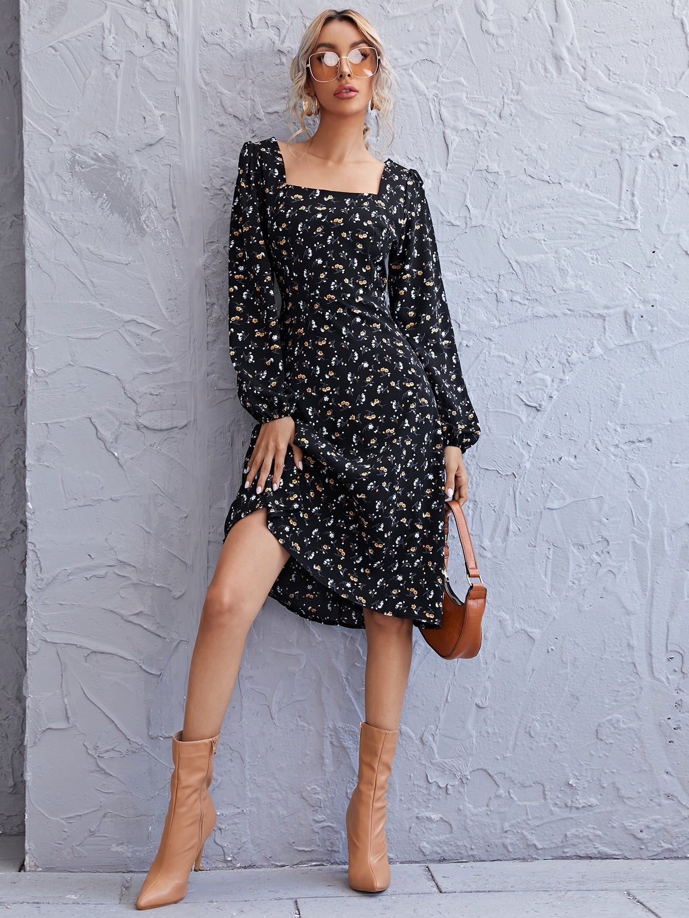 Lantern Sleeve Ditsy Floral Dress