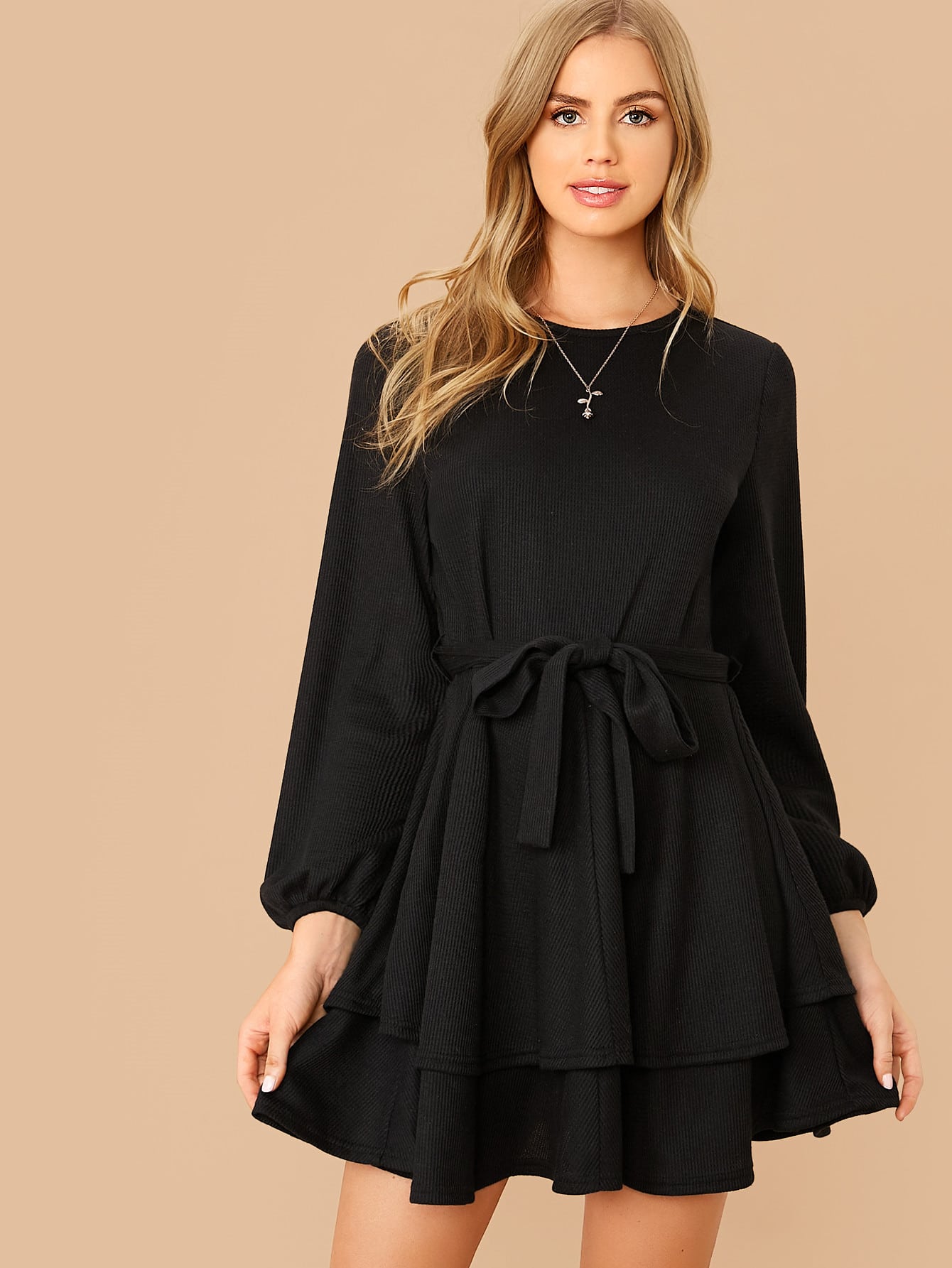 Lantern Sleeve Double Layered Hem Self Belted Rib-knit Dress