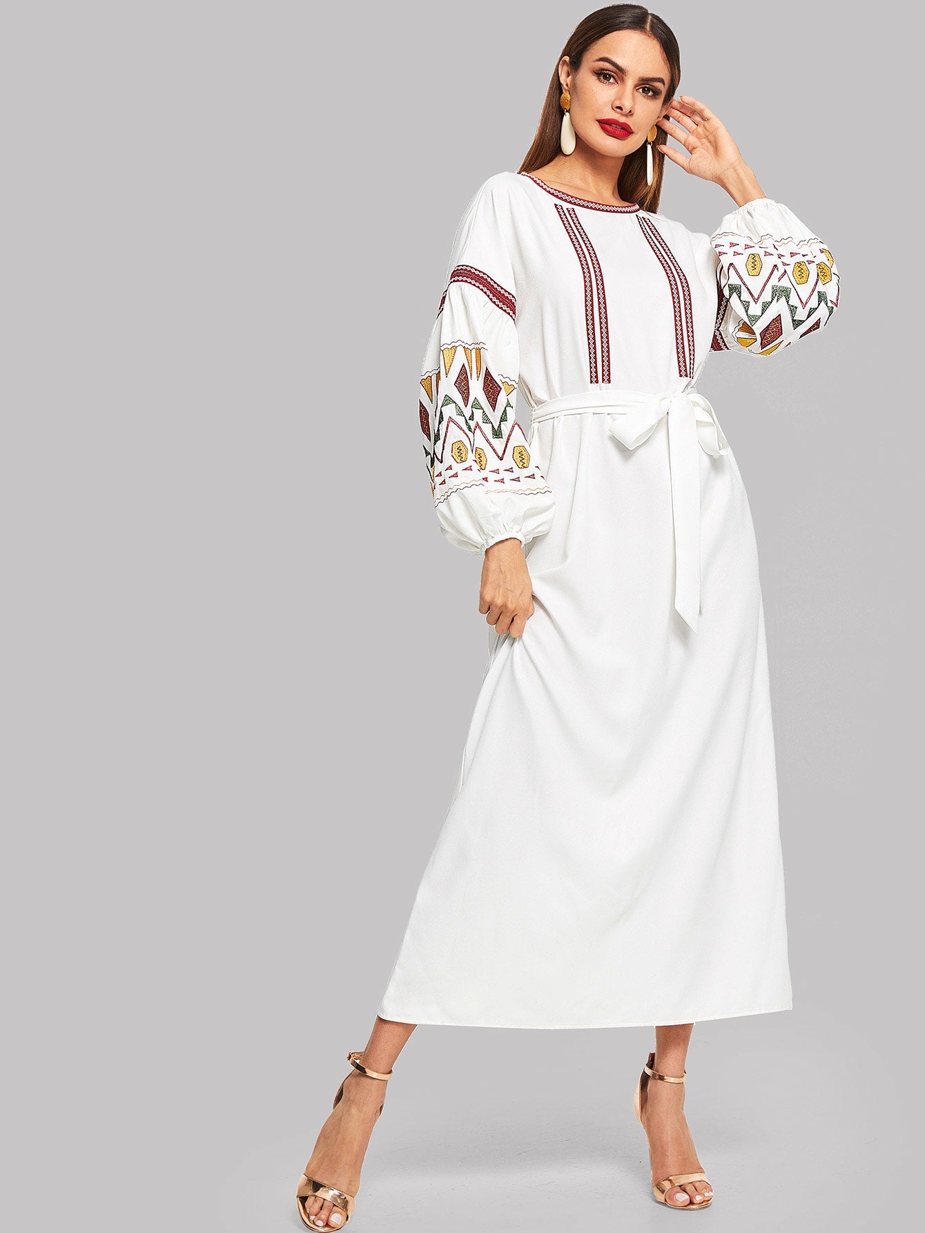 Lantern Sleeve Embroidered Belted Dress