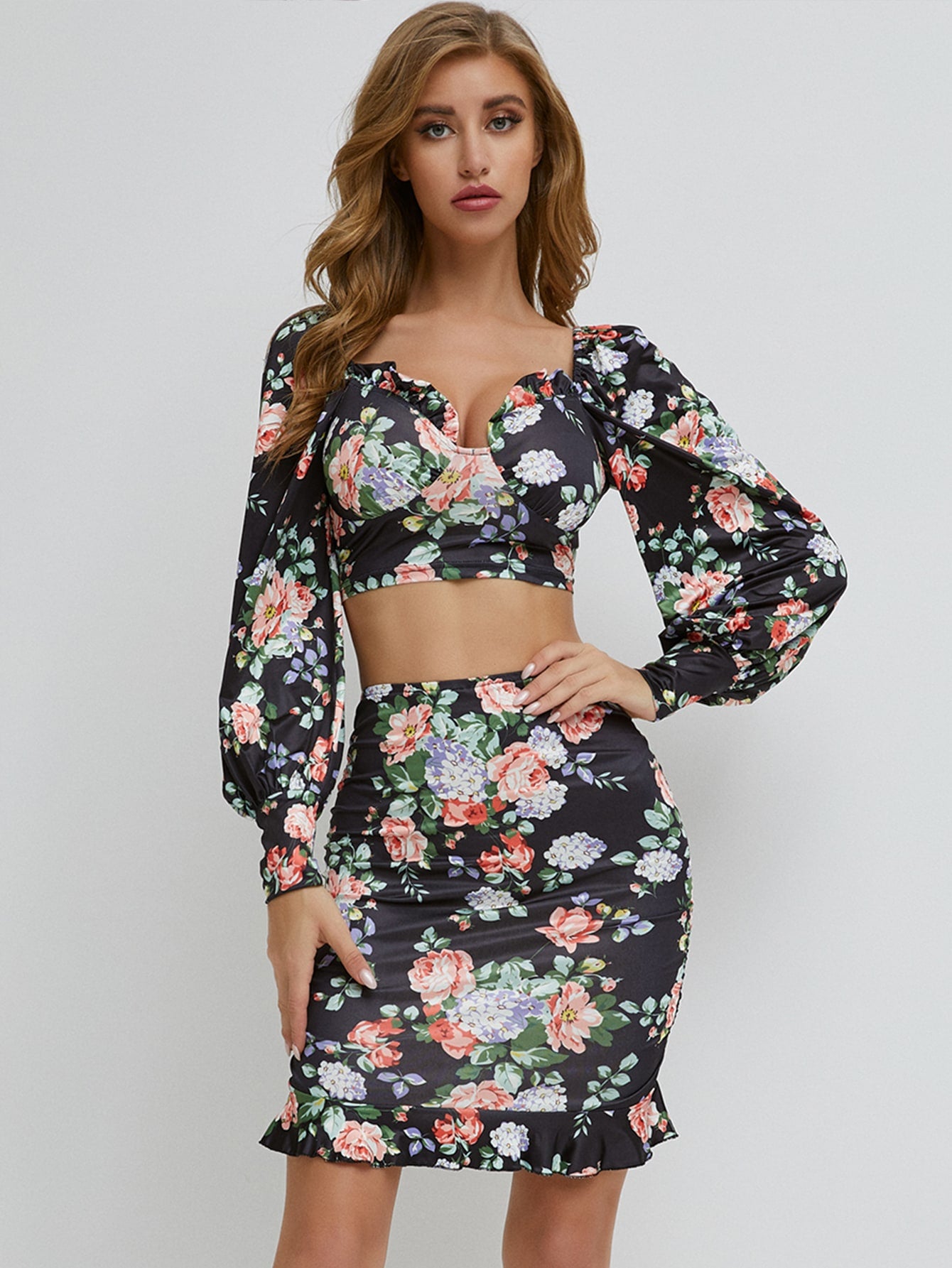 Lantern Sleeve Floral Bustier Crop Top & Bodycon Skirt Set