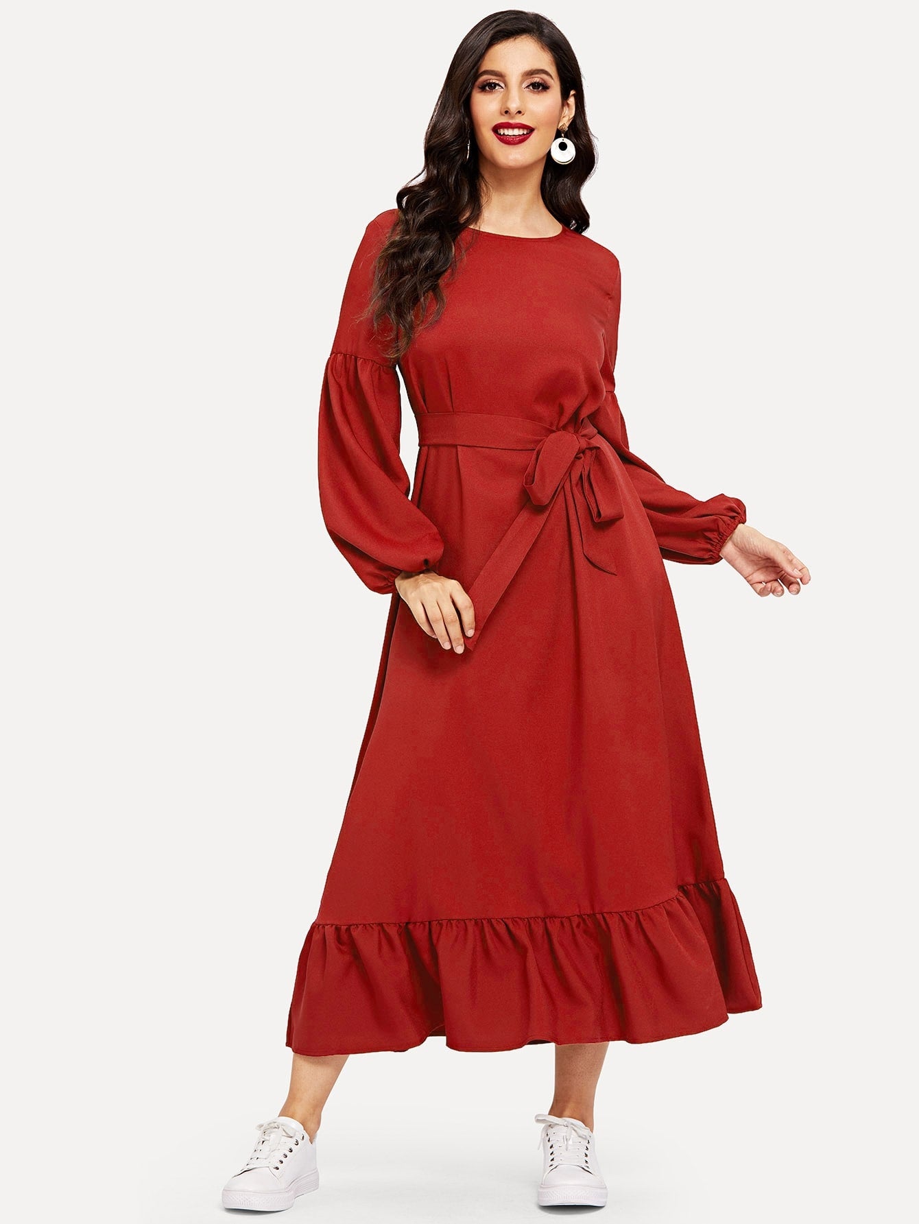 Lantern Sleeve Flounce Hem Belted Dress