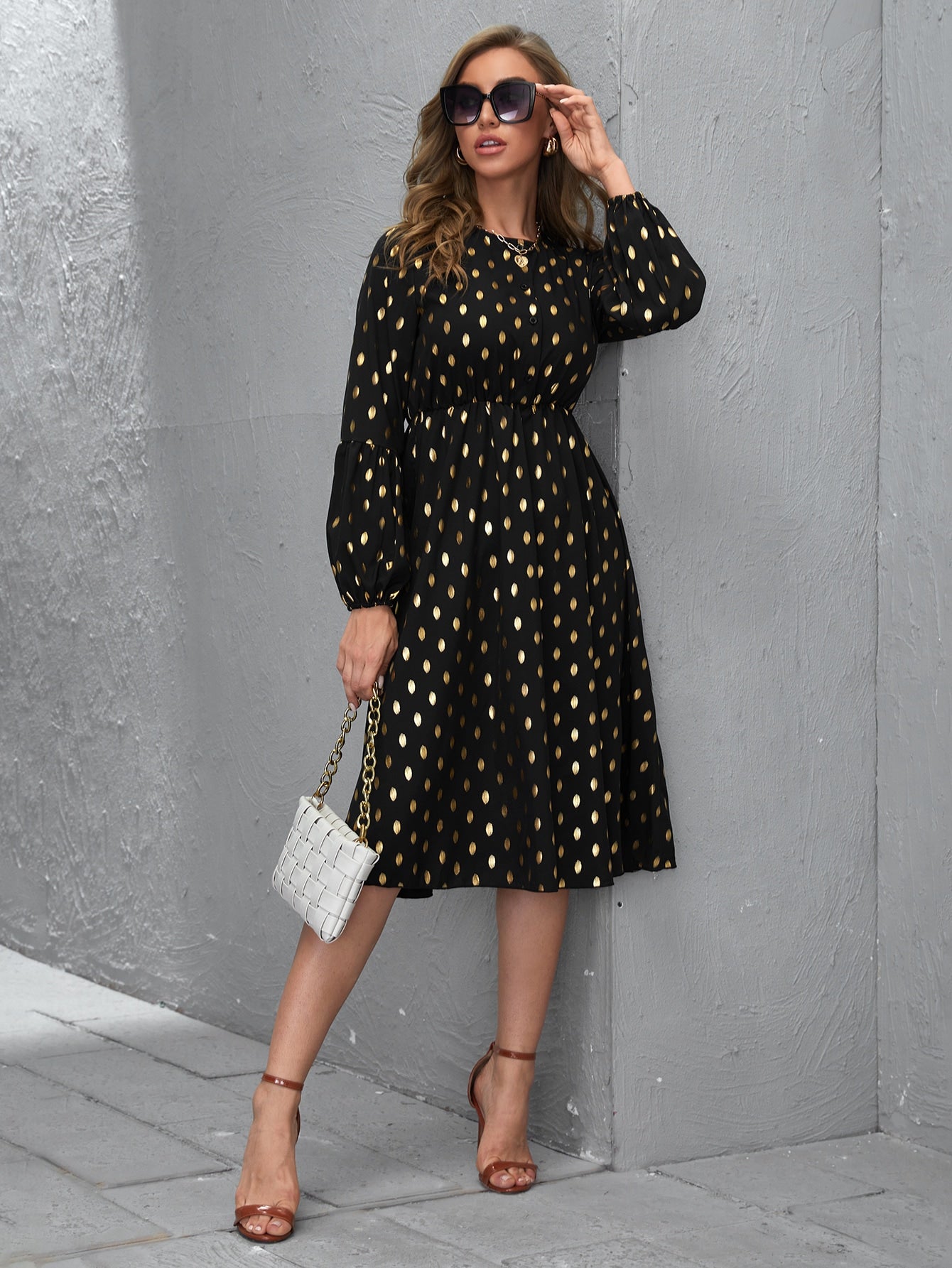 Lantern Sleeve Gold Print Button Front Dress