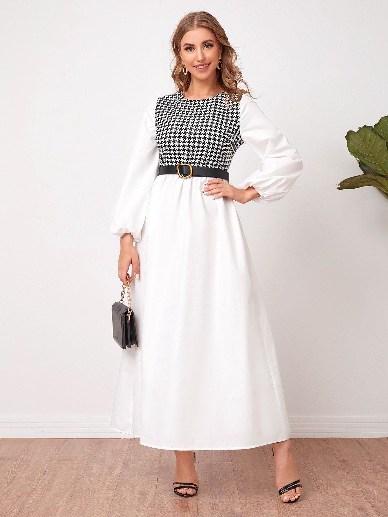 Lantern Sleeve Houndstooth Bodice Dress Without Belt