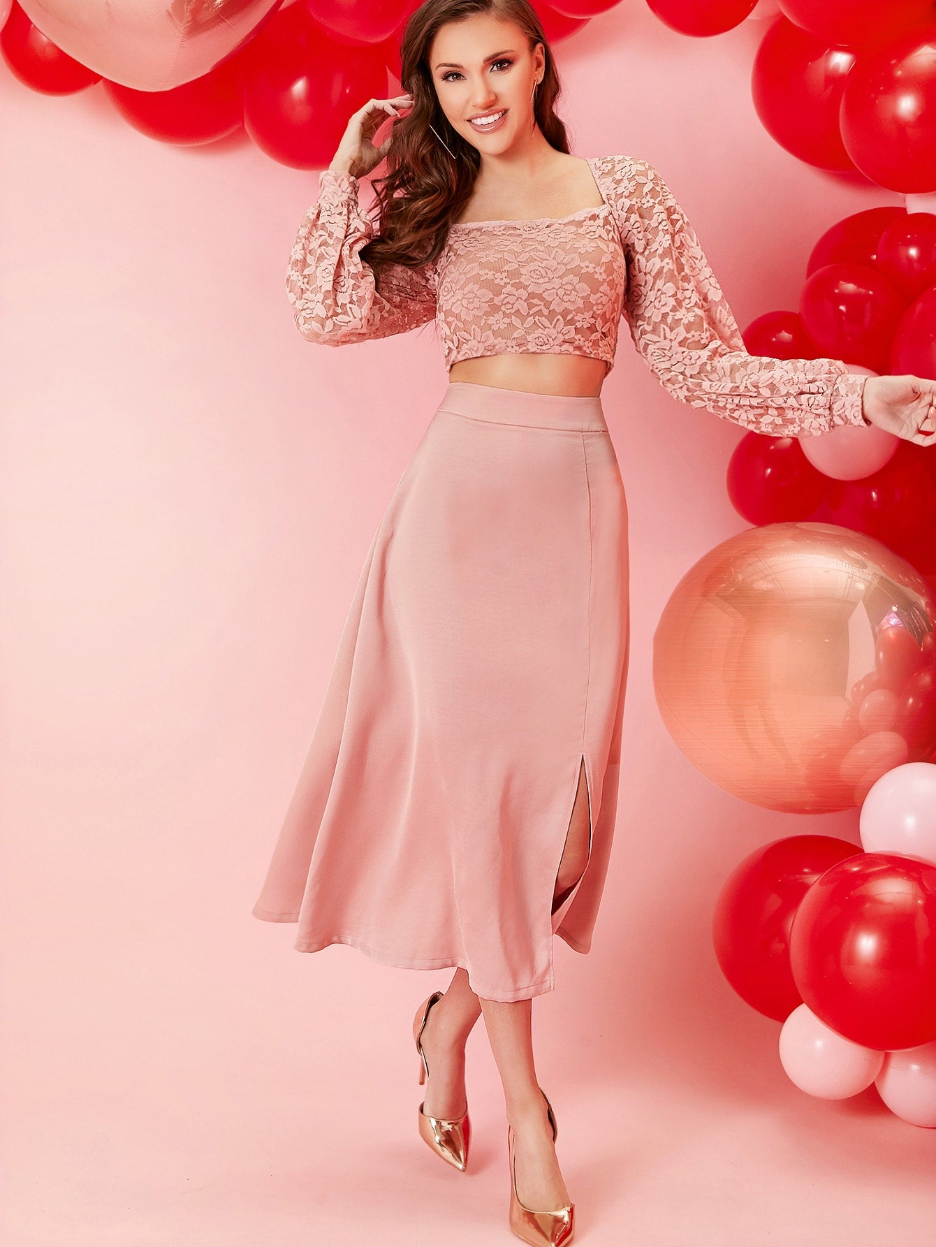 Lantern Sleeve Lace Crop Top & Split Hem Skirt Set