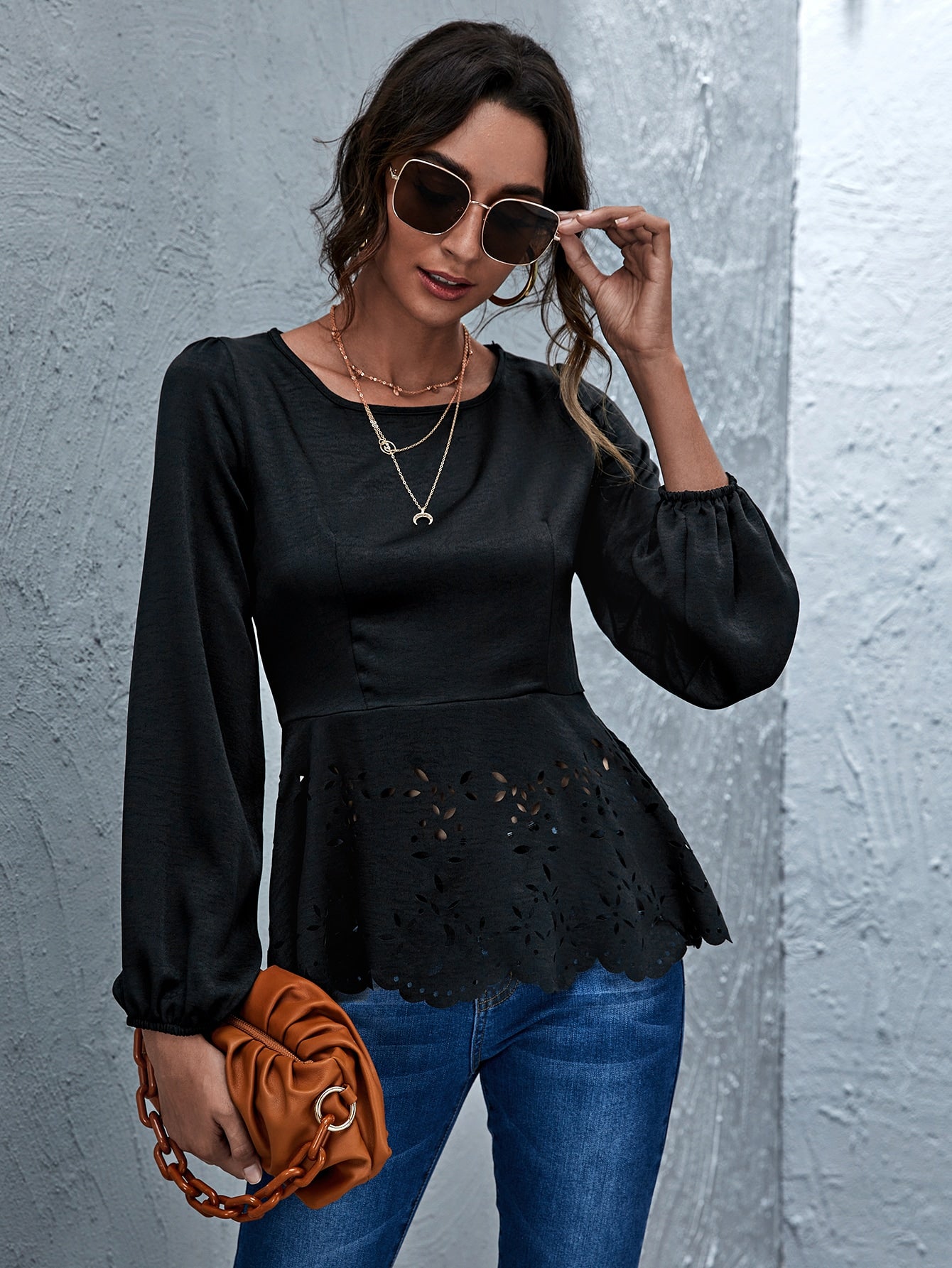 Lantern Sleeve Laser Cut Peplum Top