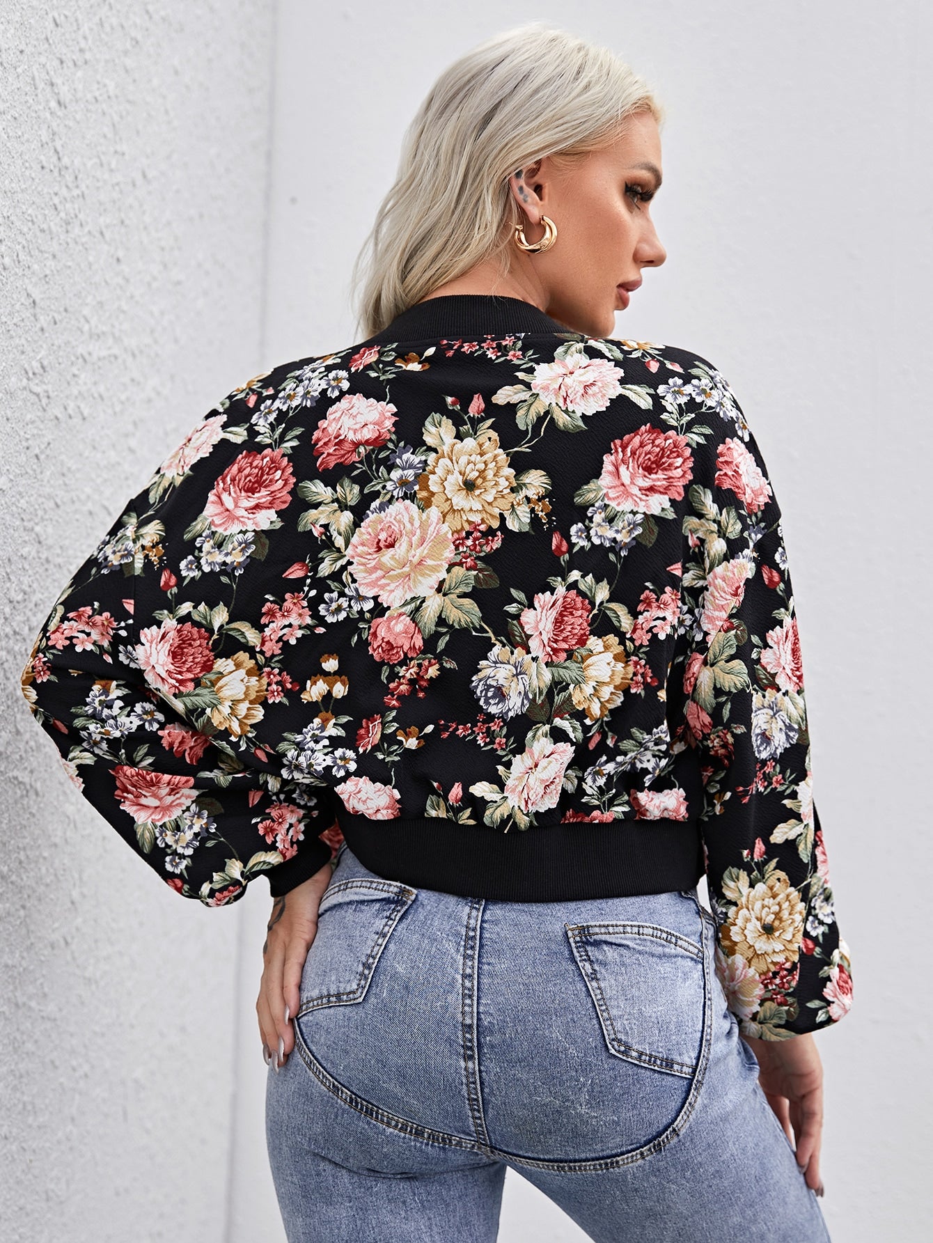 Lantern Sleeve O-ring Zip Up Floral Bomber Jacket