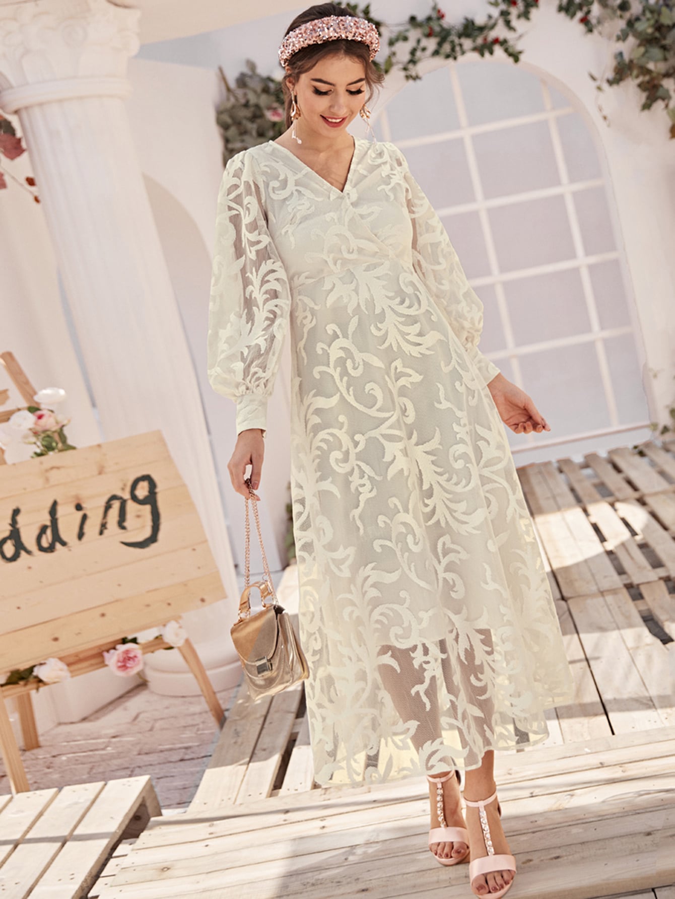 Lantern Sleeve Plant Lace Overlay Dress