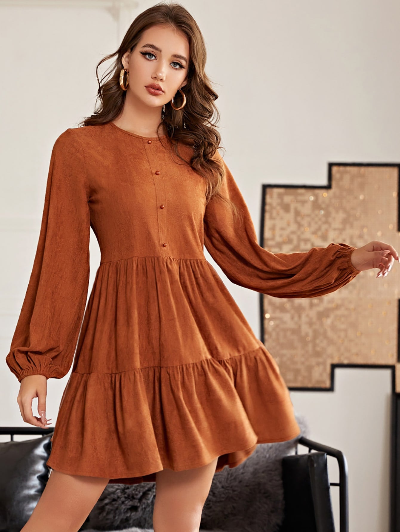 Lantern Sleeve Ruffle Hem Dress